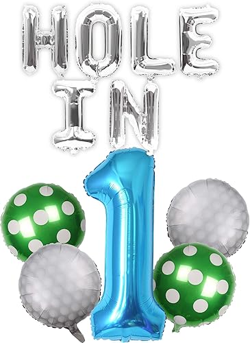 Decoraciones de cumpleaños con agujero en uno para niños con temática de golf, globos de bola de golf con agujero en uno, globo azul número 1,