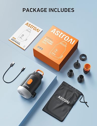 Miniatura 8 de AstroAI Mini bomba de aire para inflables con batería de 3000 mAh, bomba de colchón de aire con linterna de campamento, bomba de aire eléctrica con