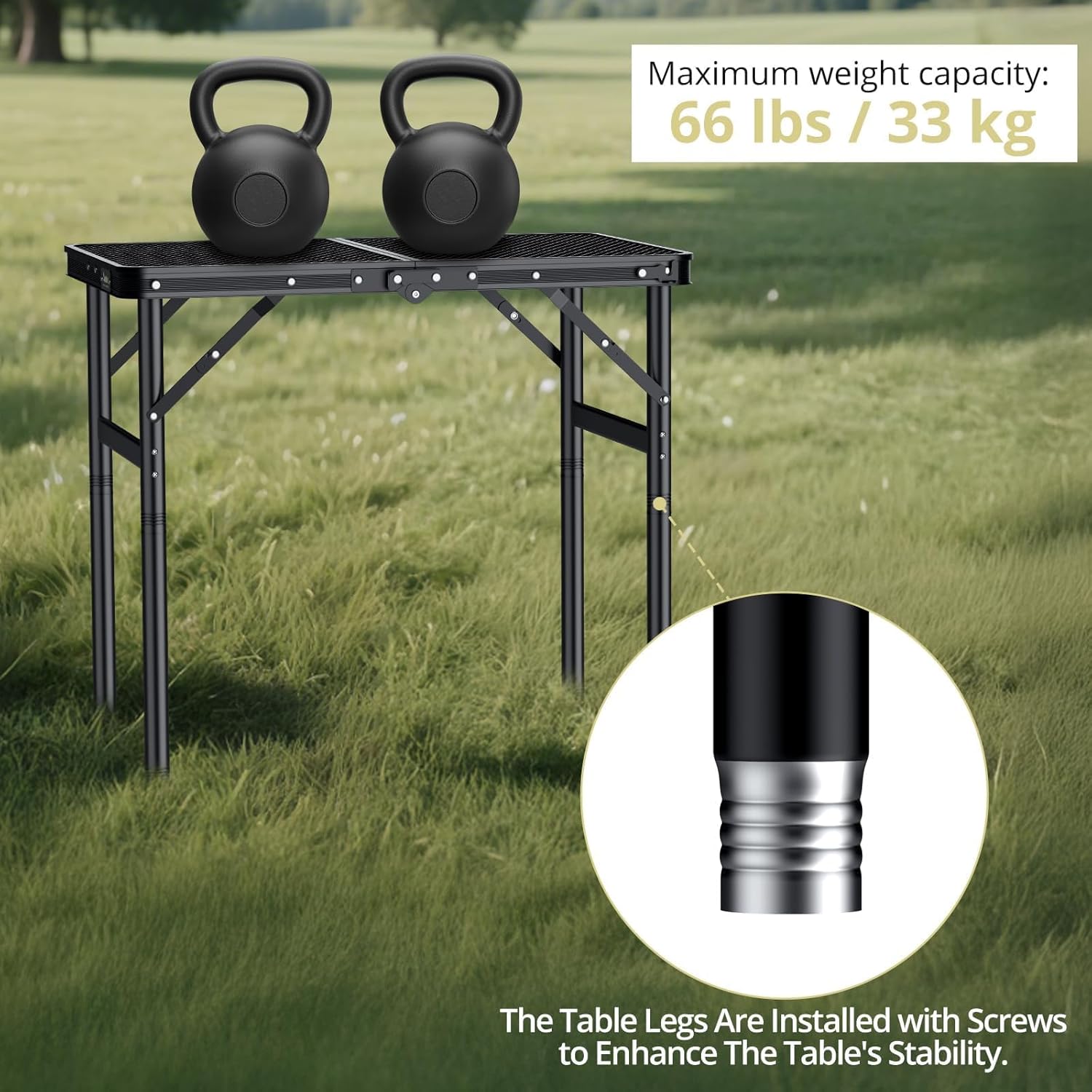 Anbte 2ft Folding Grill Table Max 29.5", 3 Adjustable Height Lightweight Camping Table with Heat-Resistant Mesh Tabletop Portable Handle, Waterproof, for Cooking BBQ Outdoor, 22.8" X 16", Black