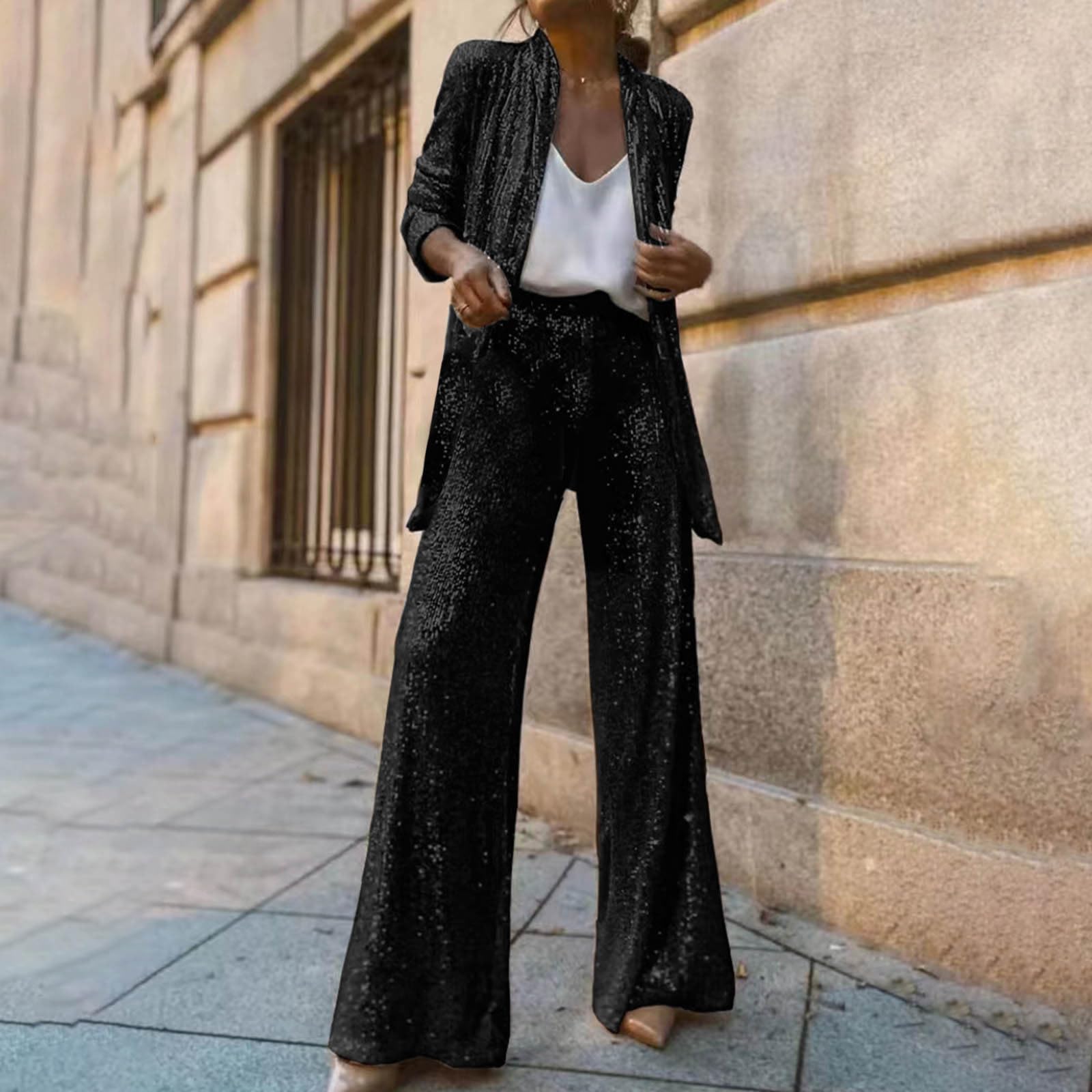 Conjunto de 2 piezas de lentejuelas brillantes para mujer, blazer de manga larga y pantalones de cintura alta, elegante conjunto de fiesta de noche