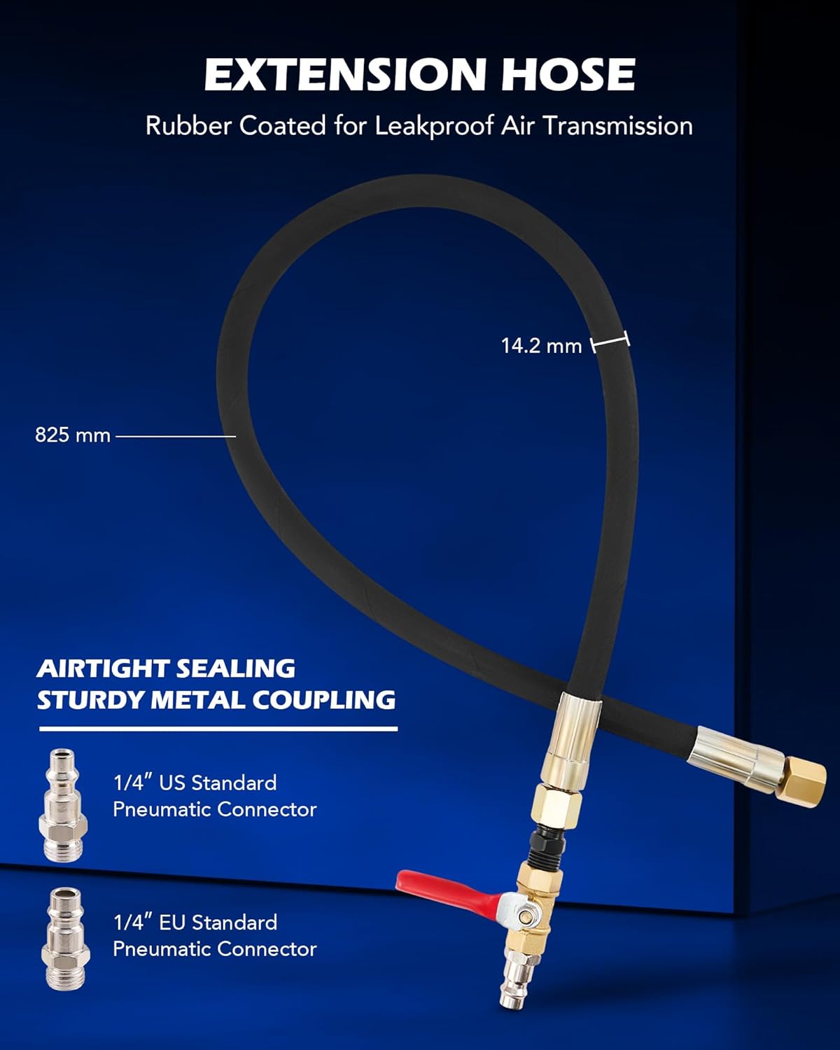 Image showing the extension hose with EU and US standard pneumatic connectors