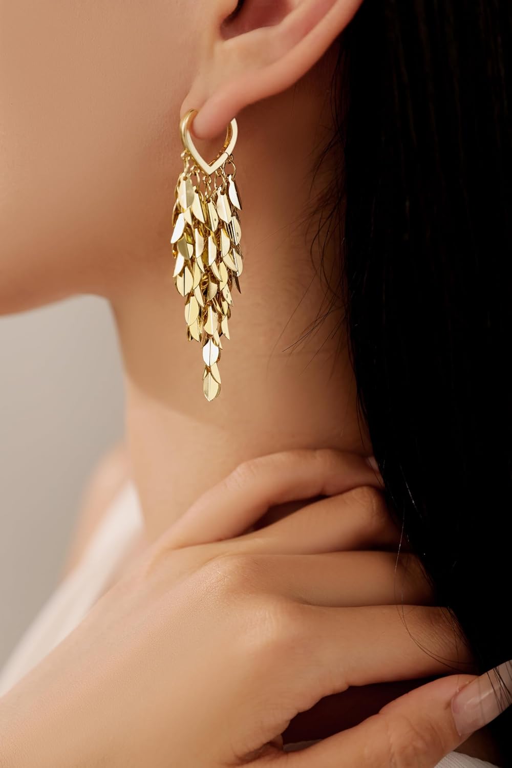 14K 18K Gold Plated Chandelier Earrings for Women, Long Tassel Earring Huggie, Silver Leaf Dangle Drop Earrings, Dainty Bohemian Jewelry Gifts for Wedding Everyday Wear - Image 2