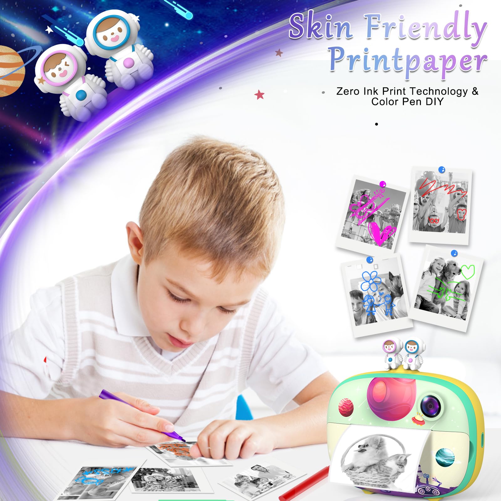 ULEWAY Kinderkamera Sofortbildkamera, Digitalkamera für Kinder mit Druckpapier & 32G TF Karte, VideoKamera mit farbigen Stiften & Fotoklammern zum Basteln, Geschenk für Kinder 3-14 Jahren (Grün)