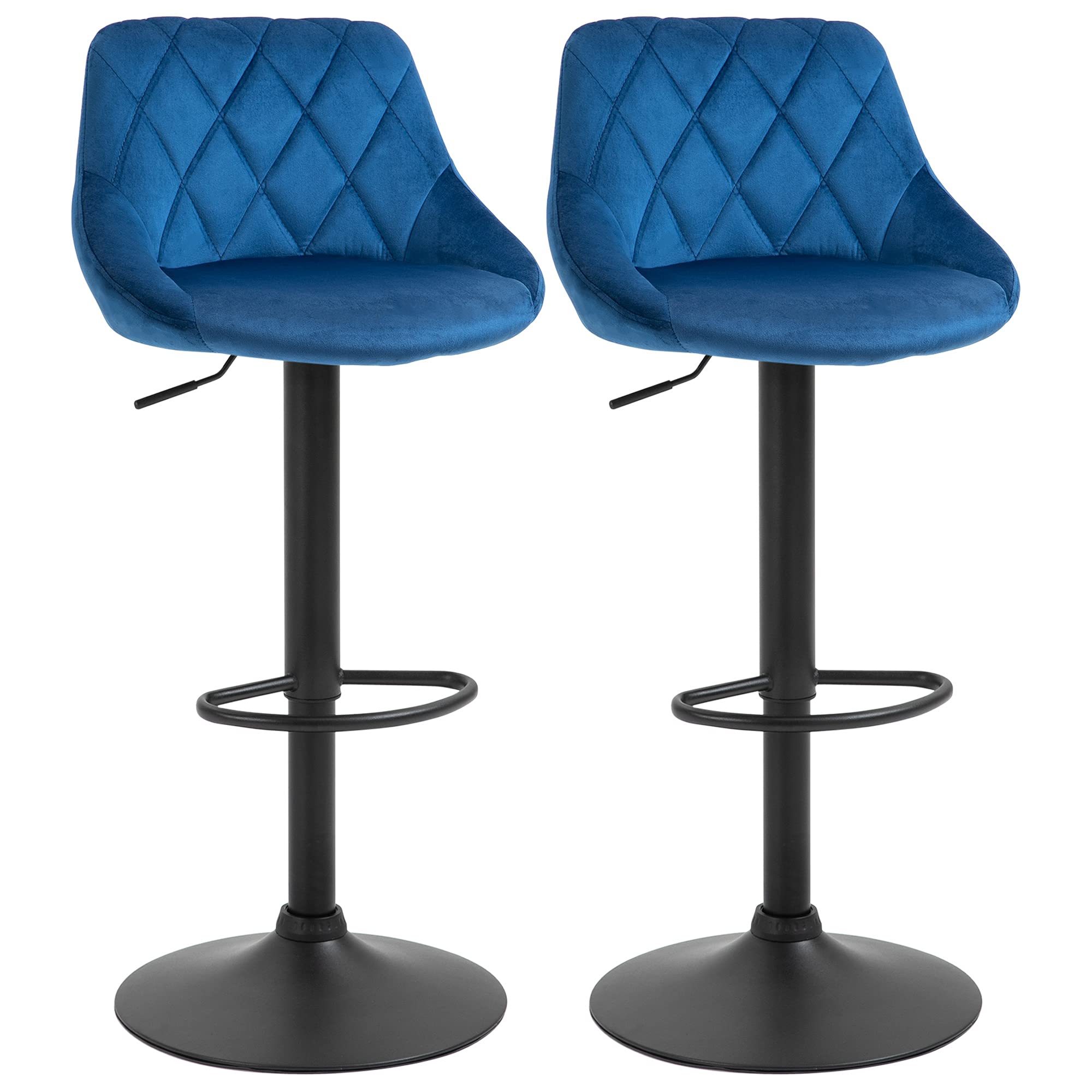 HOMCOM Juego de 2 taburetes de bar con altura ajustable, base de metal y asiento de piel sintética, taburetes altos modernos giratorios con respaldo y reposapiés, 46 x 48 x 83-104 cm, azul