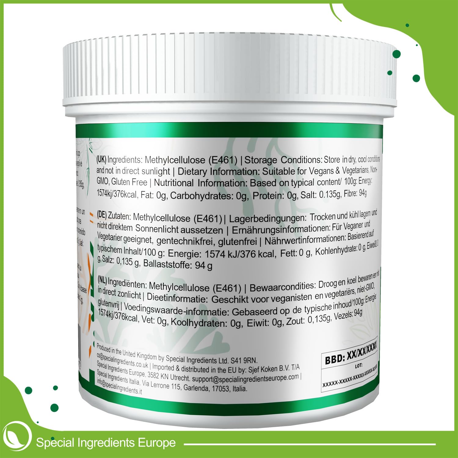 Special Ingredients Methocel Méthylcellulose 250g - Cellulose purifiée pour aliments - Épaississant, agent liant, stabilisant & émulsifiant - Convient aux vegans & végétariens - Emballage recyclable