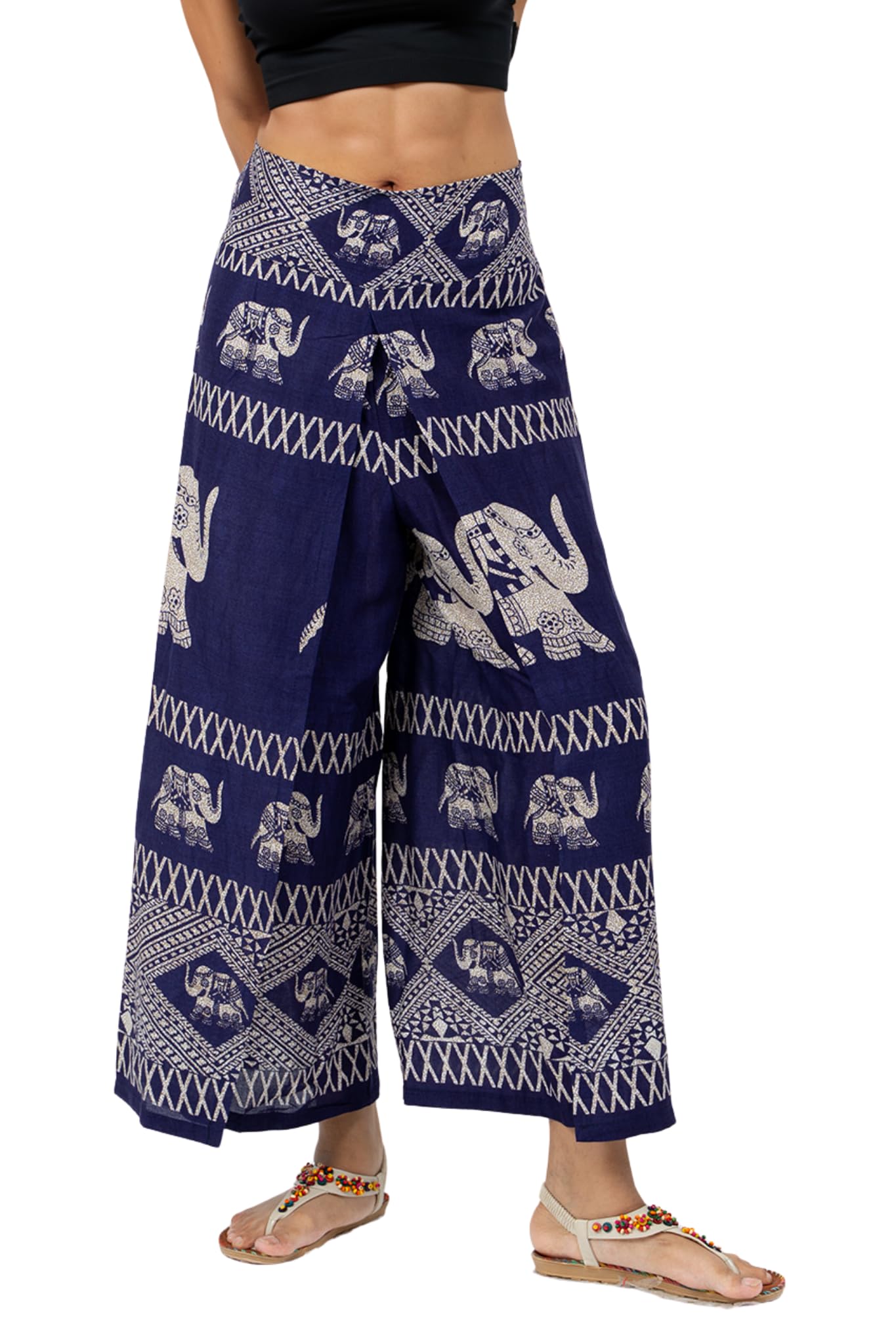 Your Cozy Women's Navy Elephant Wrap Pants For – Bohemian Elephant Split Leg Harem Pants High Waist Lightweight Palazzo Hippie Festival Lounge Trousers (Navy Elephant_s)