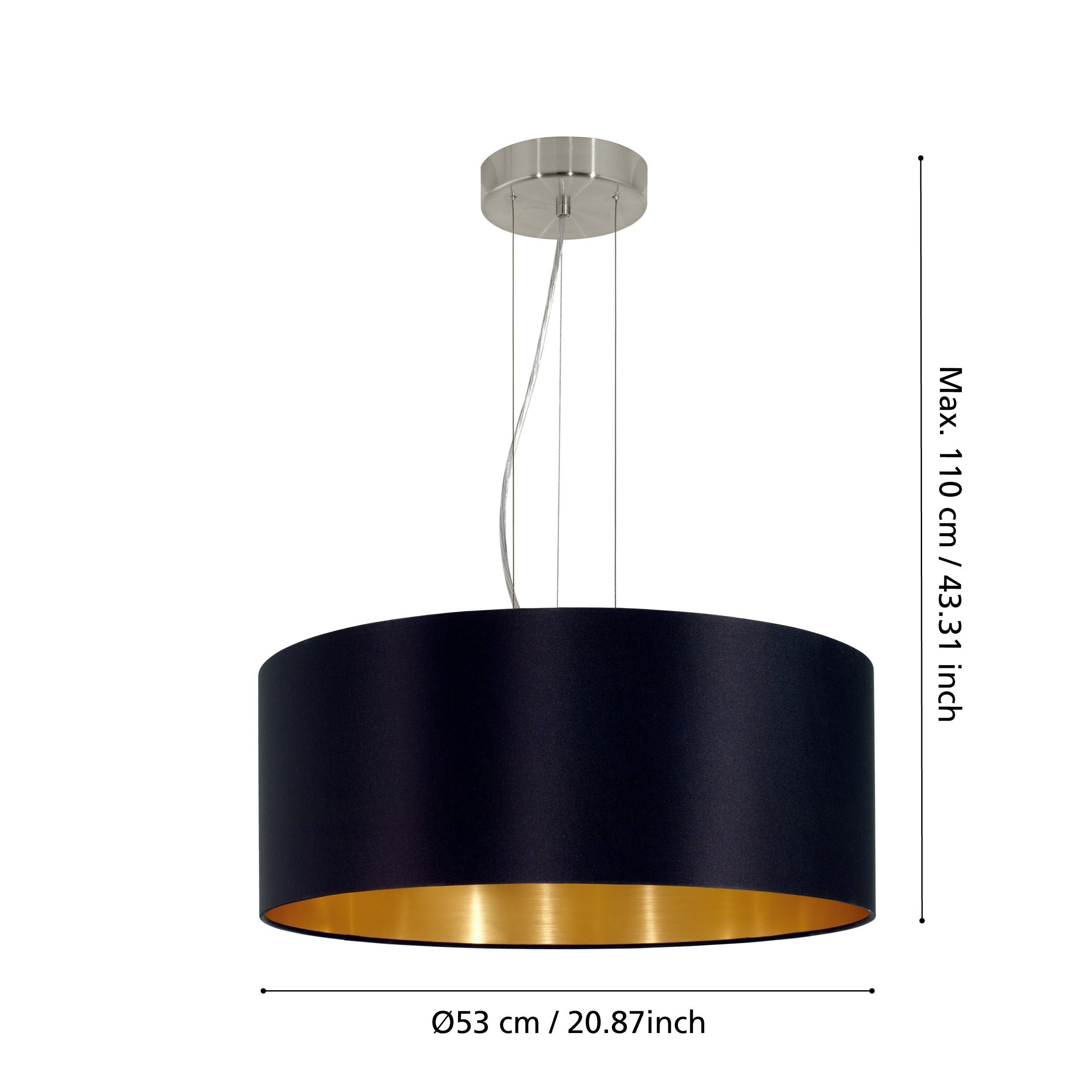 EGLO Pendellampe Maserlo, 3 flammige Textil Pendelleuchte | Hängeleuchte aus Stahl in Silber und Stoff in Schwarz und Gold, E27 Fassung, Ø 53 cm