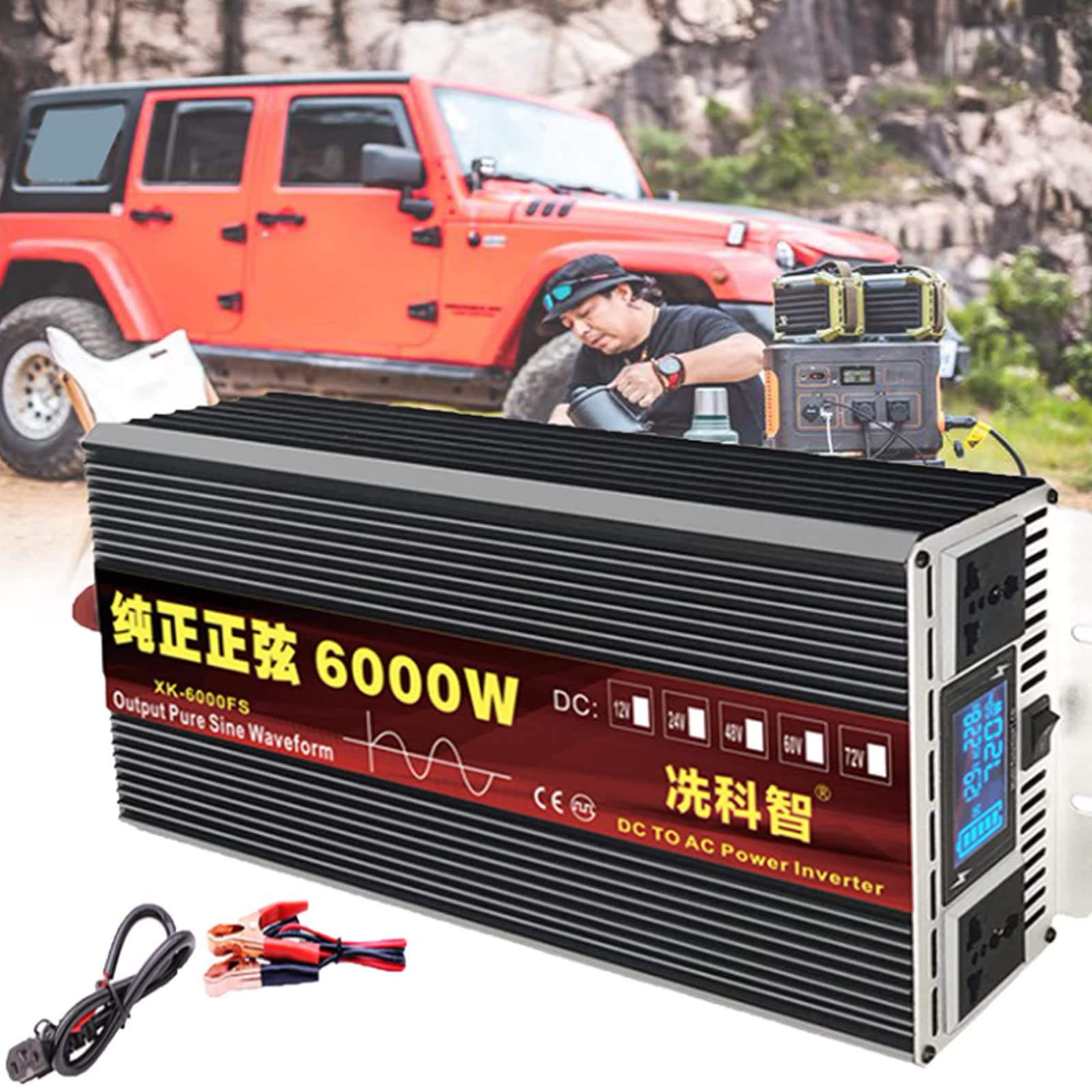 Przetwornica mocy czystej fali sinusoidalnej 5000W 6000W Przetwornica napięcia DC 12V na AC 230V 240V, falownik samochodowy używany do laptopa, podkładki,6000W-60V