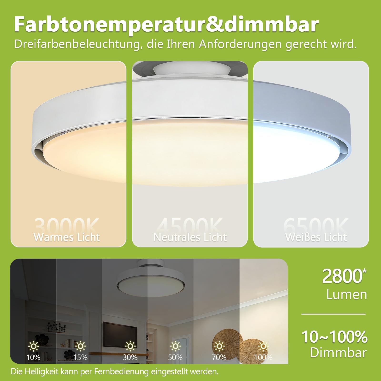 Ventilator Deckenleuchte Ø50cm x 22cm Blattloser Deckenventilator mit Beleuchtung 56W Dimmbar Fernbedienung 3CCT (3000K-6500K) 6 Gang Timer Leise 2800lm