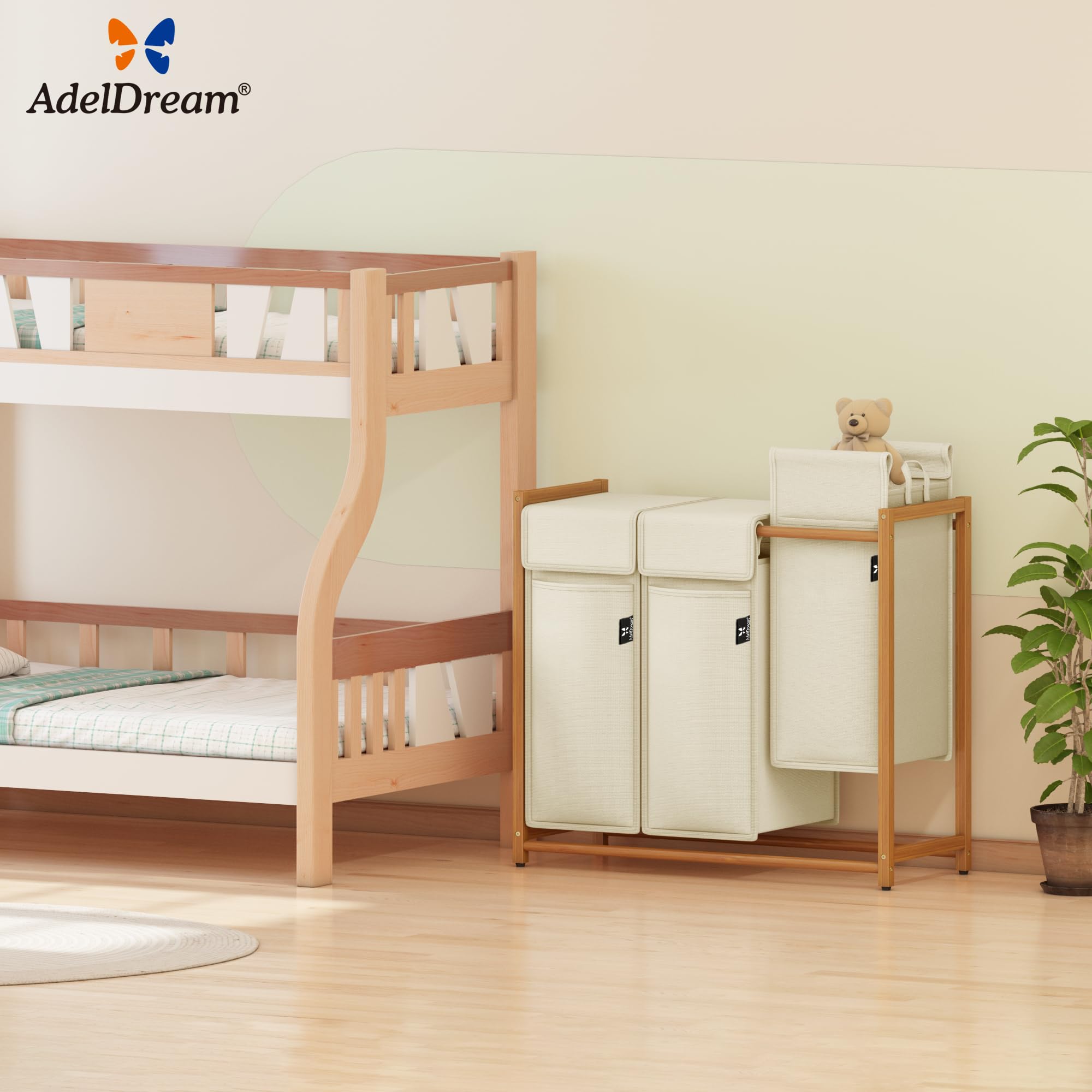 AdelDream Wäschekorb 150L, 3 Fächer Wäschesammler, Bambusrahmen | Wäschesortierer 3 x 50L, abnehmbarer Sack, atmungsaktiv, Beige