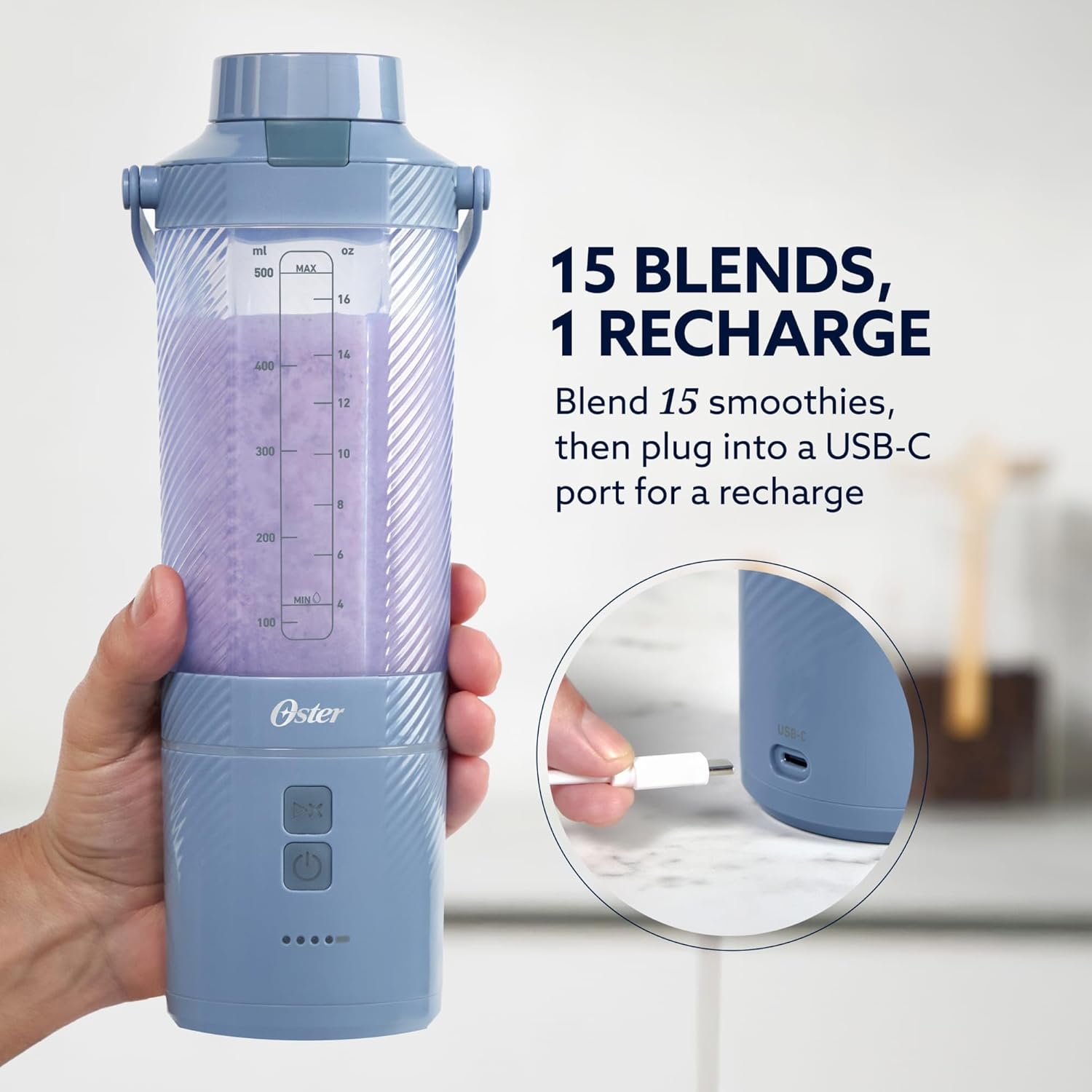 Oster – GoMax 20oz Portable Blender, Anti-Jam Reversible Blade, Detachable Travel Cup - Blue