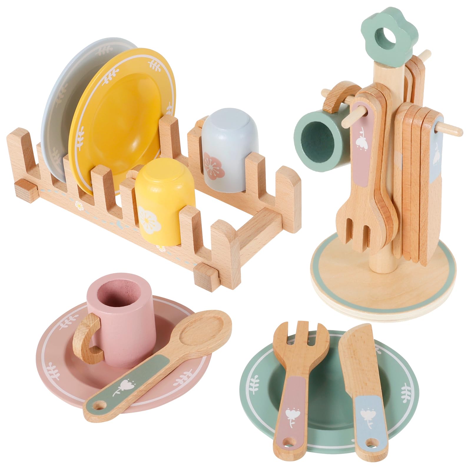 Set Stoviglie Cucina Bambini, Giochi Cucina Legno, Pentole E Piastra, 4 Piatti, 4 Tazze, 4 Coltelli, 4 Forchette, 4 Cucchiai, Supporto, Adatto A Ragazzi E Ragazze, Età 3/4/5 Anni