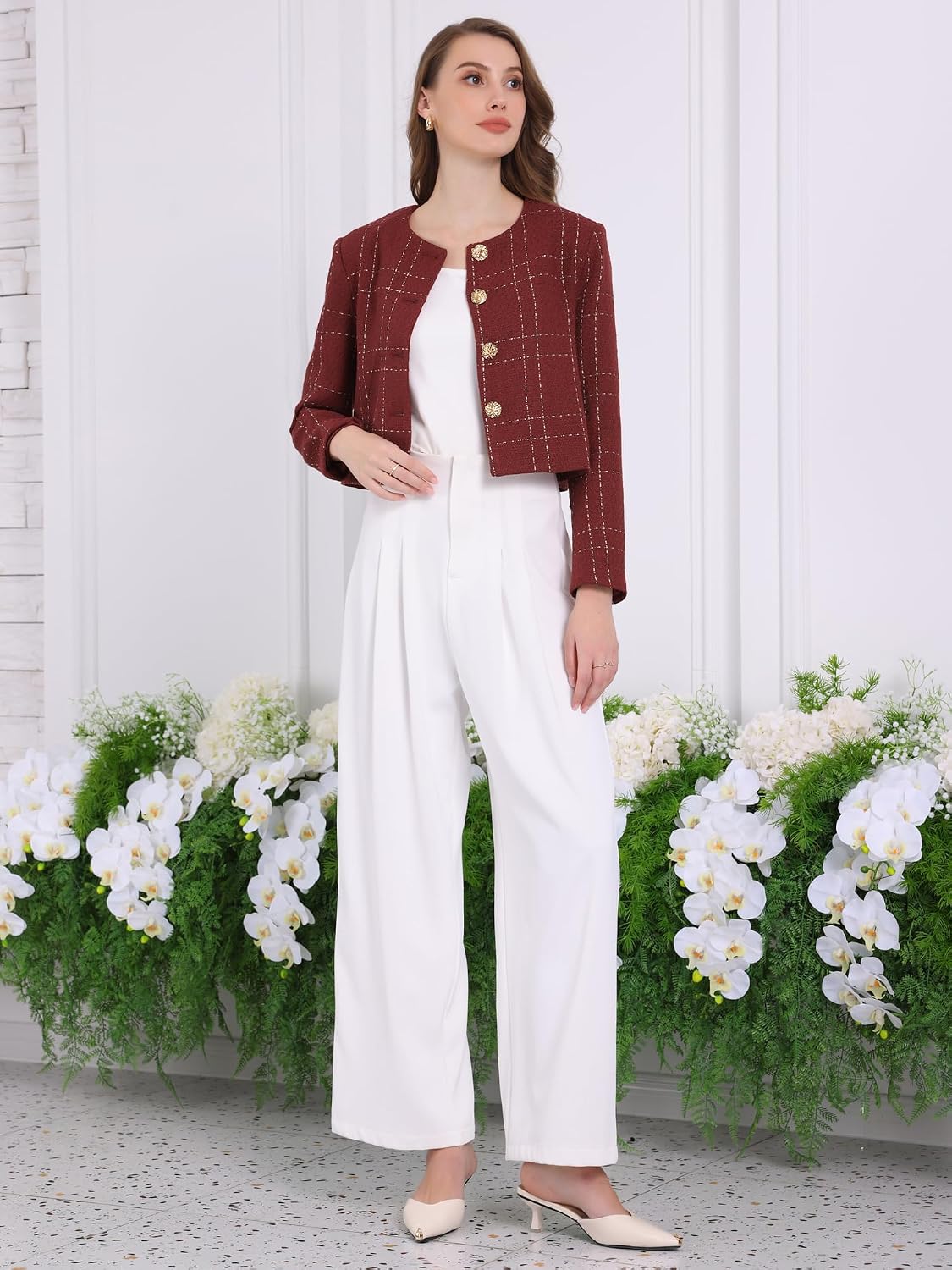 Hobemty Women's Collarless Blazer Plaid Button Front Crop Tweed Jacket