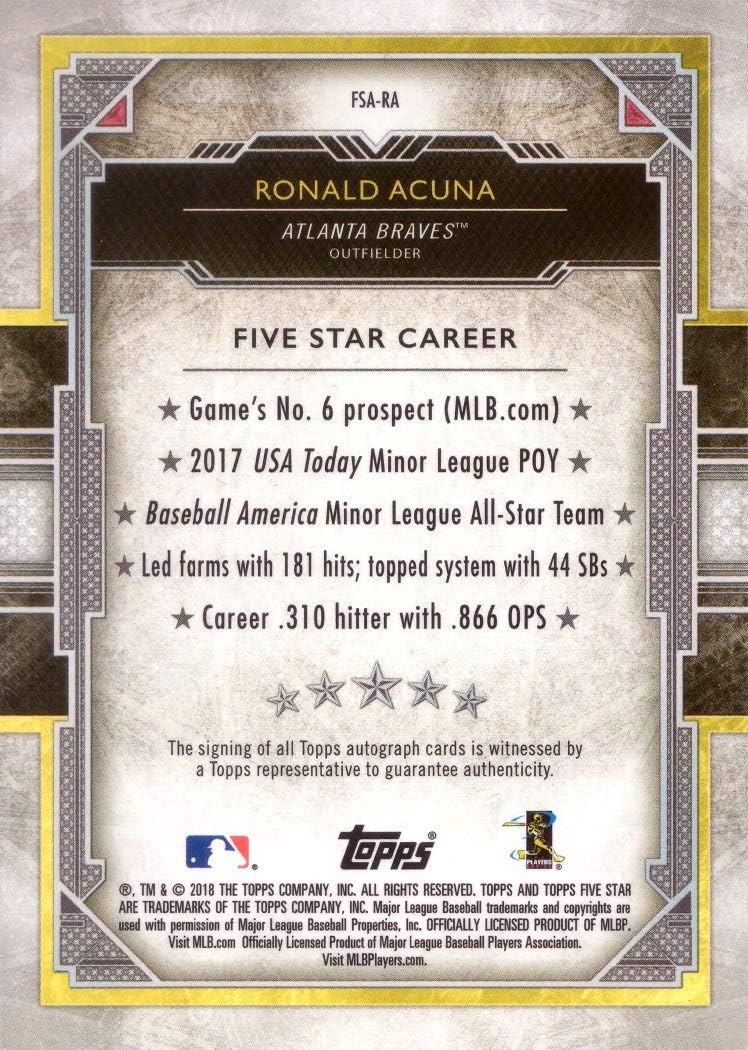 2018 Topps Five Star Baseball #FSA-RA Ronald Acuna Jr. Certified Autograph Rookie Card