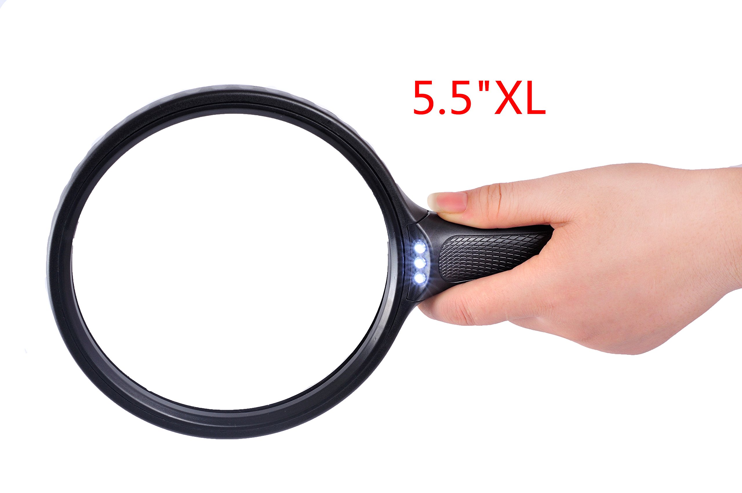 Healthmmo Kelenpro 5.9 Inch Large Magnifying Glass (with 3 LEDs Illuminated Jumbo Magnifiers 2X Lens 5X Zoom for Reading / Crafts)