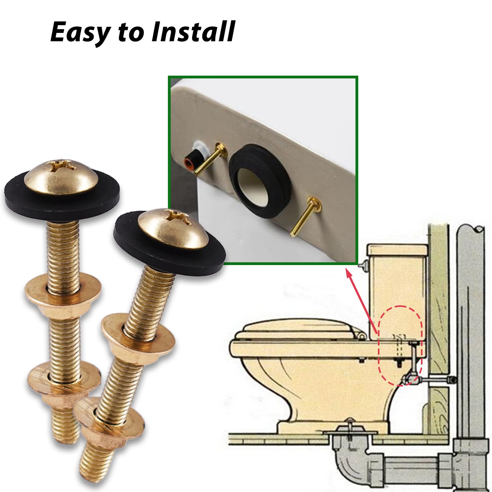 2PCS Universal Toilet Seat Screw Replacement Kit - Stainless Steel Bolts, Nuts, Rubber Gaskets