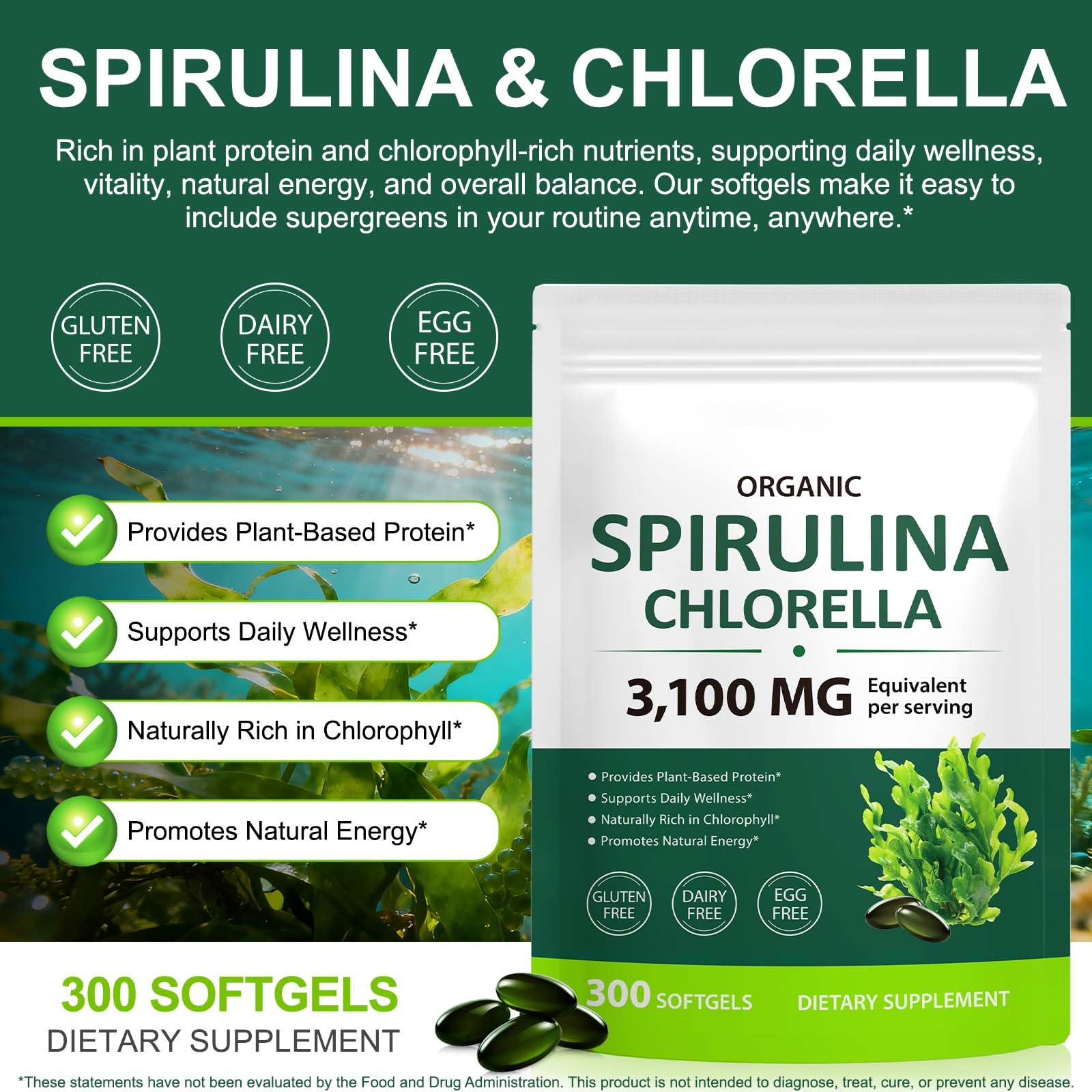Tiuedu Spirulina Chlorella Softgels 300 Capsules, 17 in 1 Green Nutrient Blend Spirulina Chlorella Softgels,Rich in Plant Protein, Vitamins, Chlorophyll, Easy to Take Softgel — Amazon image 2