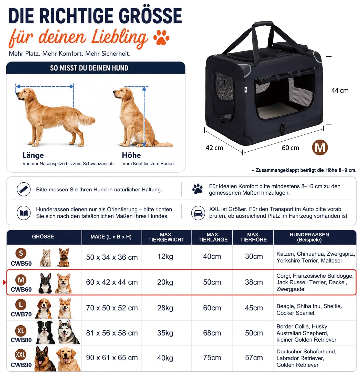 Zedelmaier Hundebox Faltbar Hundetransportbox, M 60x44x42cm, robust Transportbox für Hund & Katze Groß Hundetasche Auto Haustiertransportbox für Unterwegs & Zuhause Schwarz