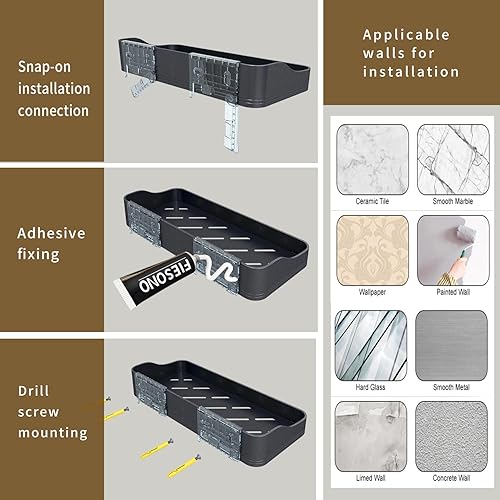 Miniatura 7 de Organizador de ducha de lujo, estantes de baño de metal inoxidable de gran capacidad para almacenamiento, montaje adhesivo o taladro para soporte y