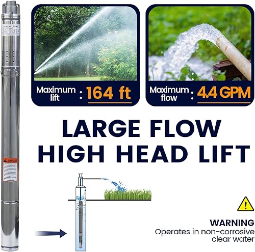 Miniatura 3 de Doppy Bomba sumergible de pozo profundo, 0.5 HP220 V60 Hz, cabeza de 164 pies4.4 gpm, con bomba de agua de acero inoxidable de cable eléctrico de 49