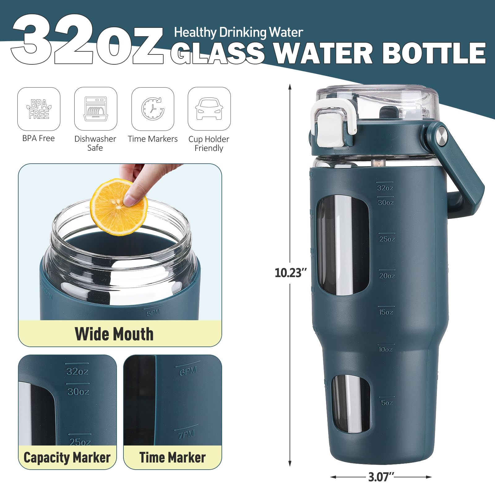BLUEGO Bouteille d'eau en verre de 950 ml avec poignée et paille – Bouteille de sport étanche avec marqueur de temps et manchon en silicone – Bouteille en verre pour voyage, salle de sport,