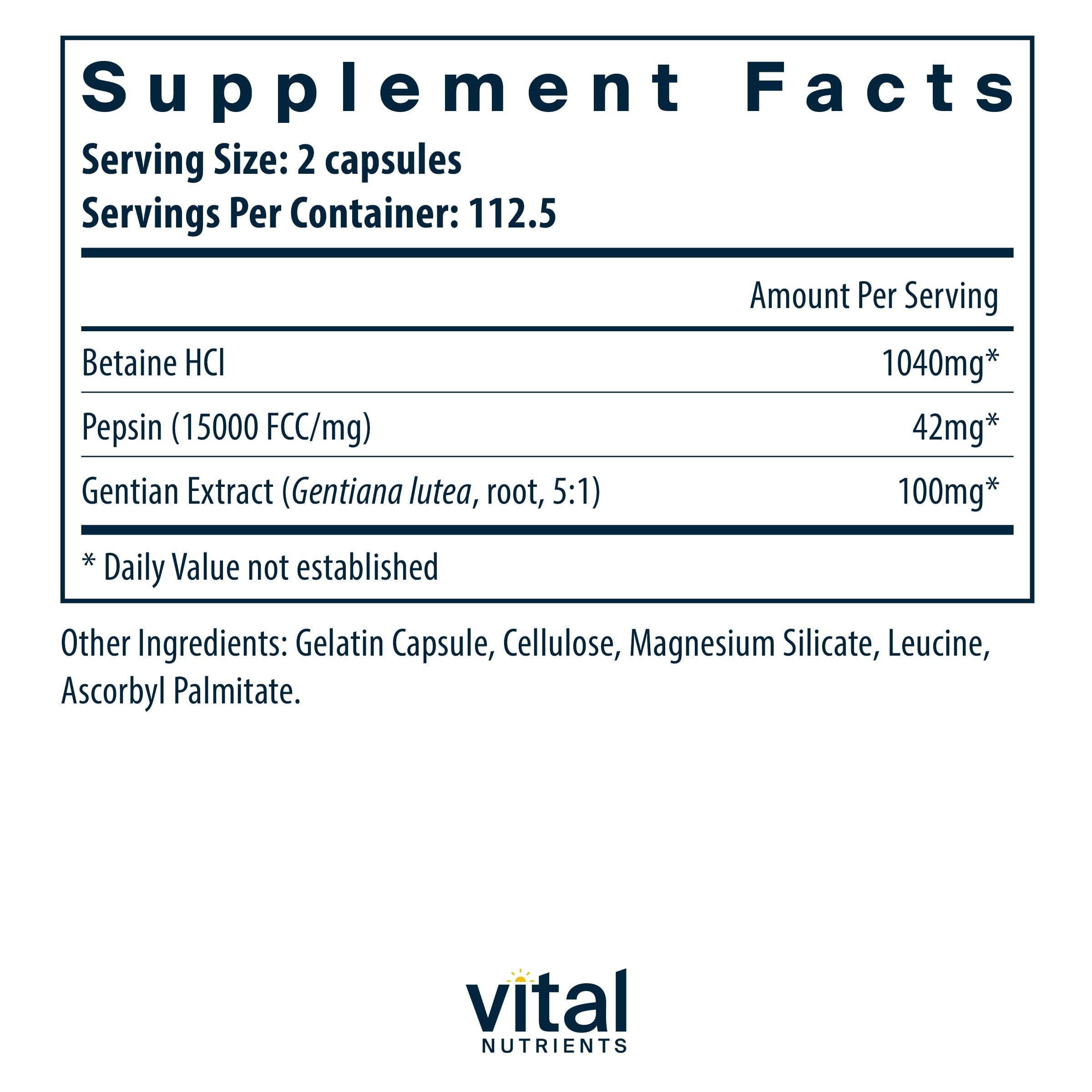 Vital Nutrients Betaine HCL Pepsin with Gentian Root Extract, 225 Capsules — Amazon image 2