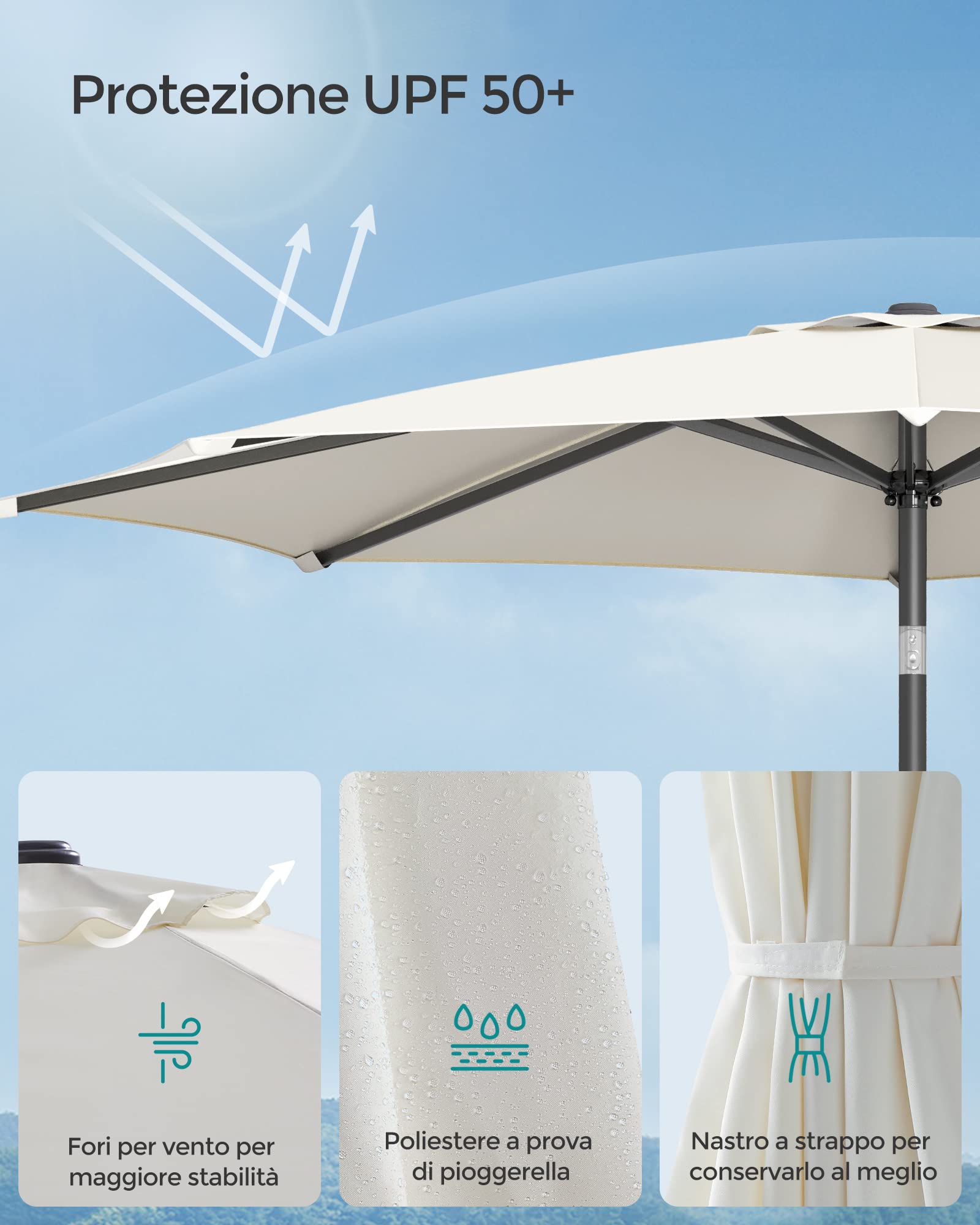 SONGMICS Ombrellone da Giardino 300 cm, UPF 50+, Parasole, Inclinazione Bidirezionale a 30°, Manovella per Apertura/Chiusura, Esterno Terrazzo Balcone Piscina, senza Base, Beige GPU30BE