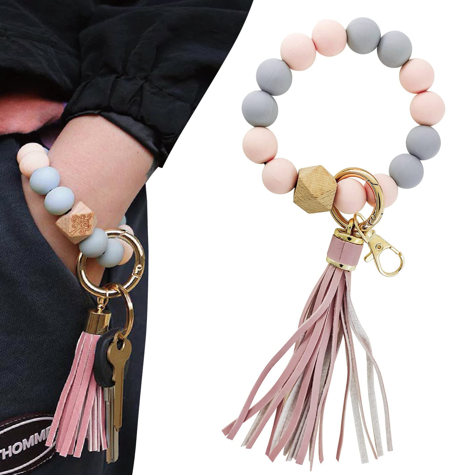 WASYPLSFOIKeyChain Silicone Beads Bracelet Wristlet Key Chain Cute Holder Rings for Ladies Women Girl Car Keychains with Tassel