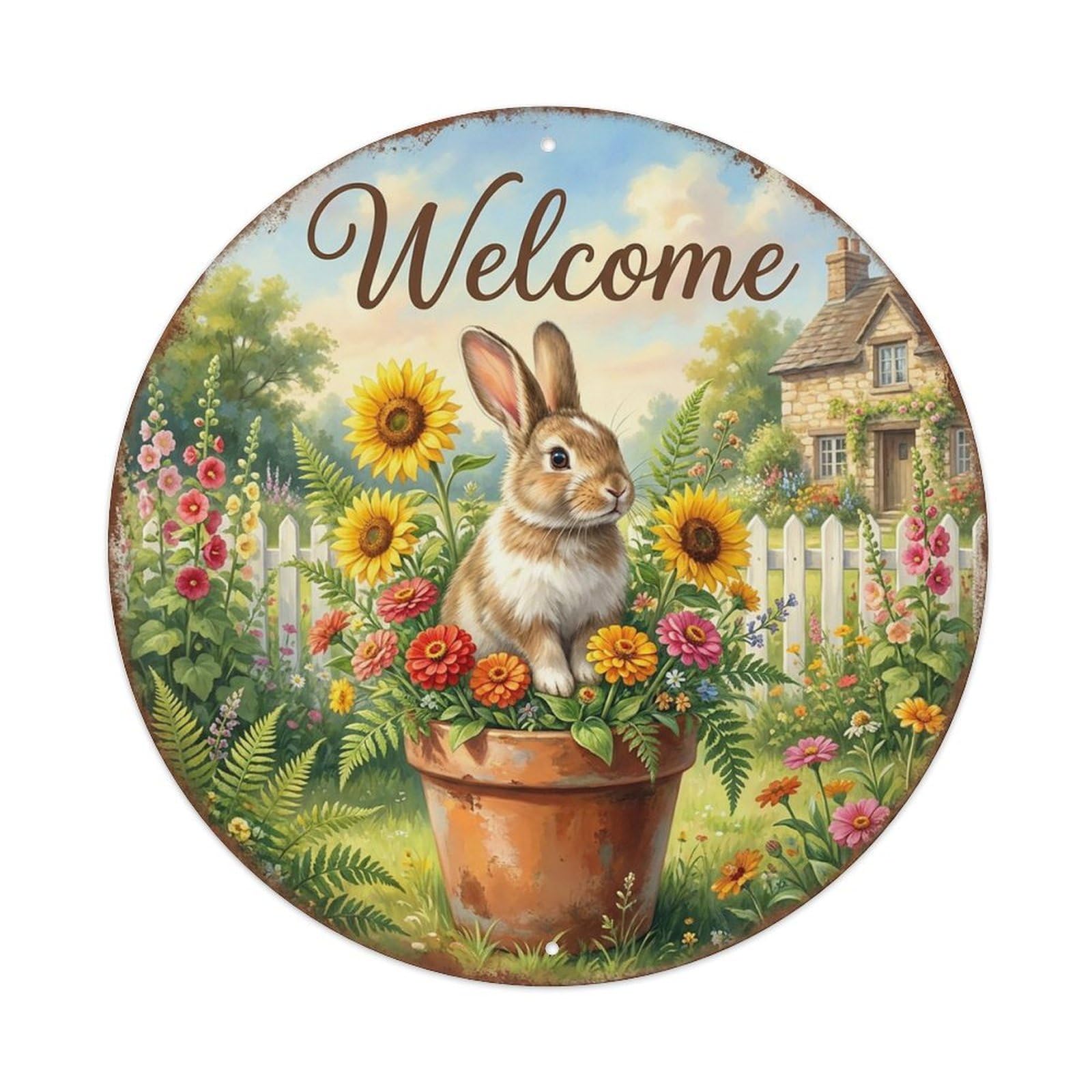 Welcome Bunny Sunflower Patch Vintage Metal Tin Sign Plaque Wall Decor for Cafe, Club Bar, Office, Garden Metal Poster 8x8Inch
