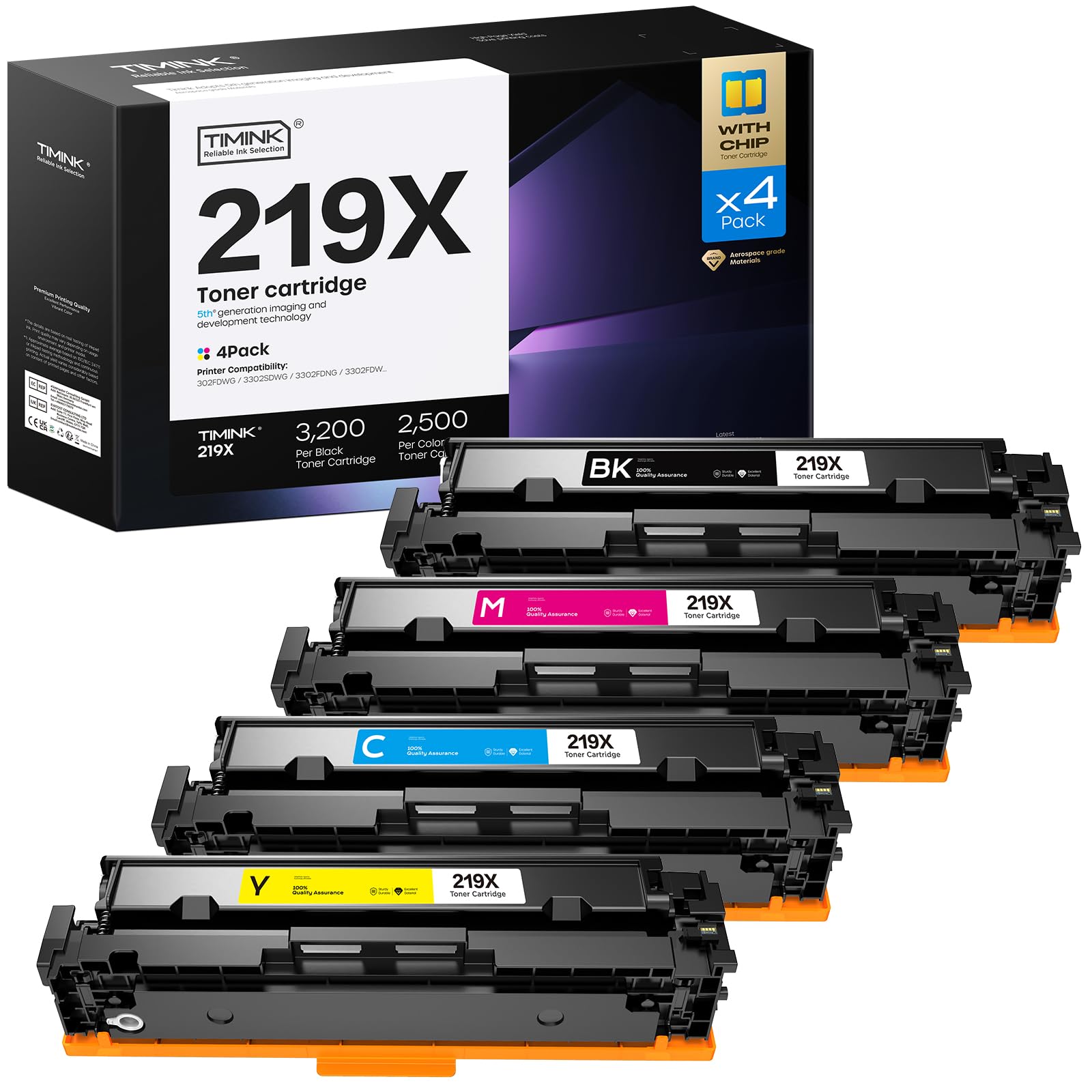 Pack 4 Toners 219X Compatibles Pour HP Color LaserJet Pro MFP M3302 - Noir, Cyan, Jaune, Magenta - Avec Puce Intelligente