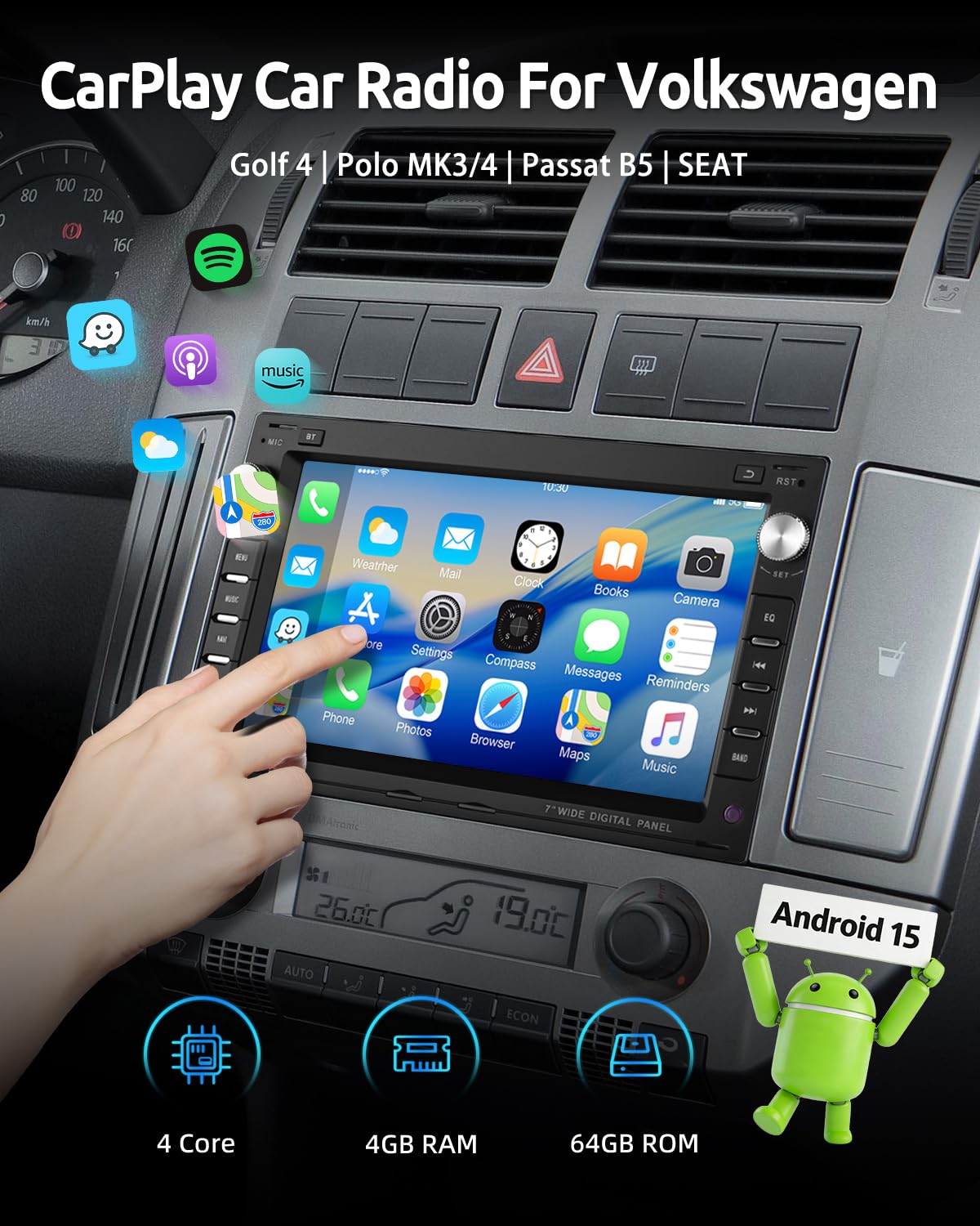 ESSGOO 4+64G Wireless CarPlay Android Auto Autoradio Für VW Polo MK3/4 9N Golf 4 Passat B5 T5 Seat Skoda,Android 15 Bluetooth Radio mit 7 Zoll Touchscereen FM RDS GPS Navi WiFi - 2