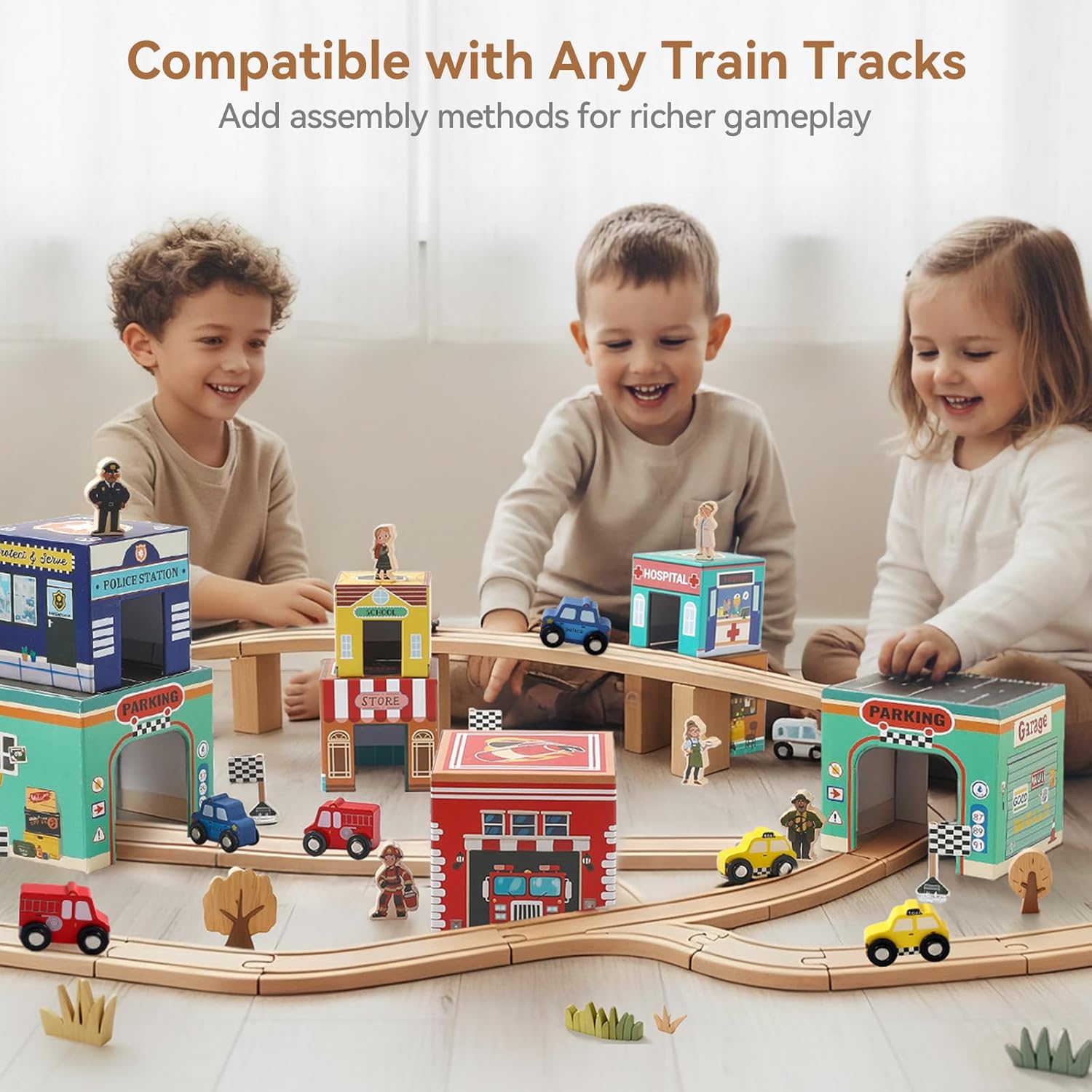 Sorting & Stacking Blocks Toys with Wooden Cars & Community Helpers, Montessori Scene with Train Tracks Set for Kids, Toddler Number Blocks Nesting Boxes, Preschool Learning Toys for Boys Girls Gift