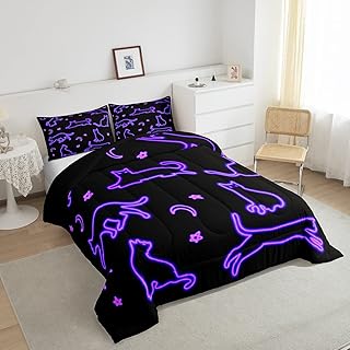 Erosebridal Black Cat Comforter Set Full, Glowing Stars Moon Bedding for Kids Boys Girls, Neon Purple Line Cat Bedding Comforter Sets, Kawaii Kitten Quilt Cute Cartoon Cat Down Comforter Room Decor
