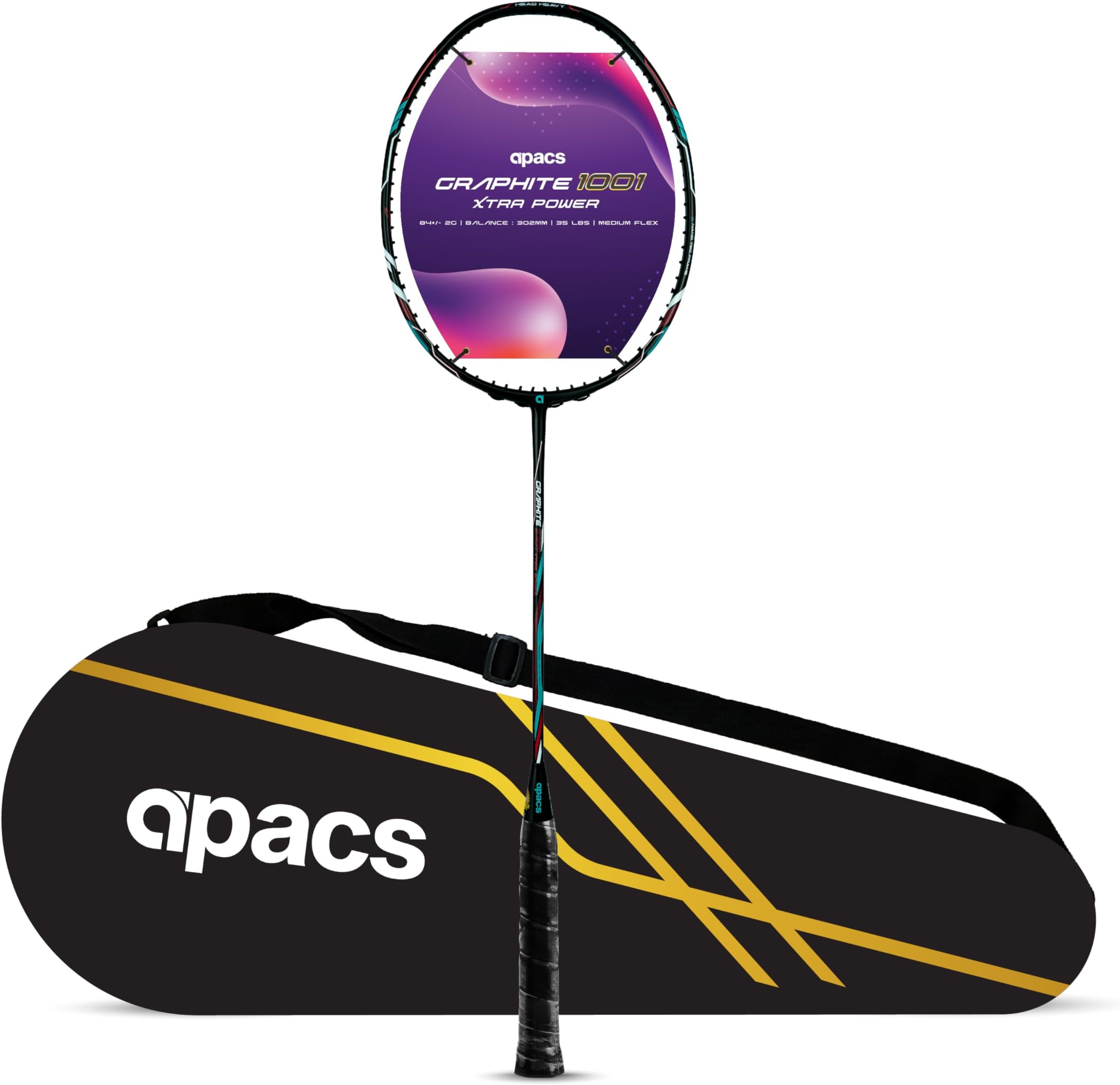 Apacs Graphite 1001 Xtra Power (36LBS, Power Frame with 100% Japanese Graphite) Badminton Racket with Full Cover