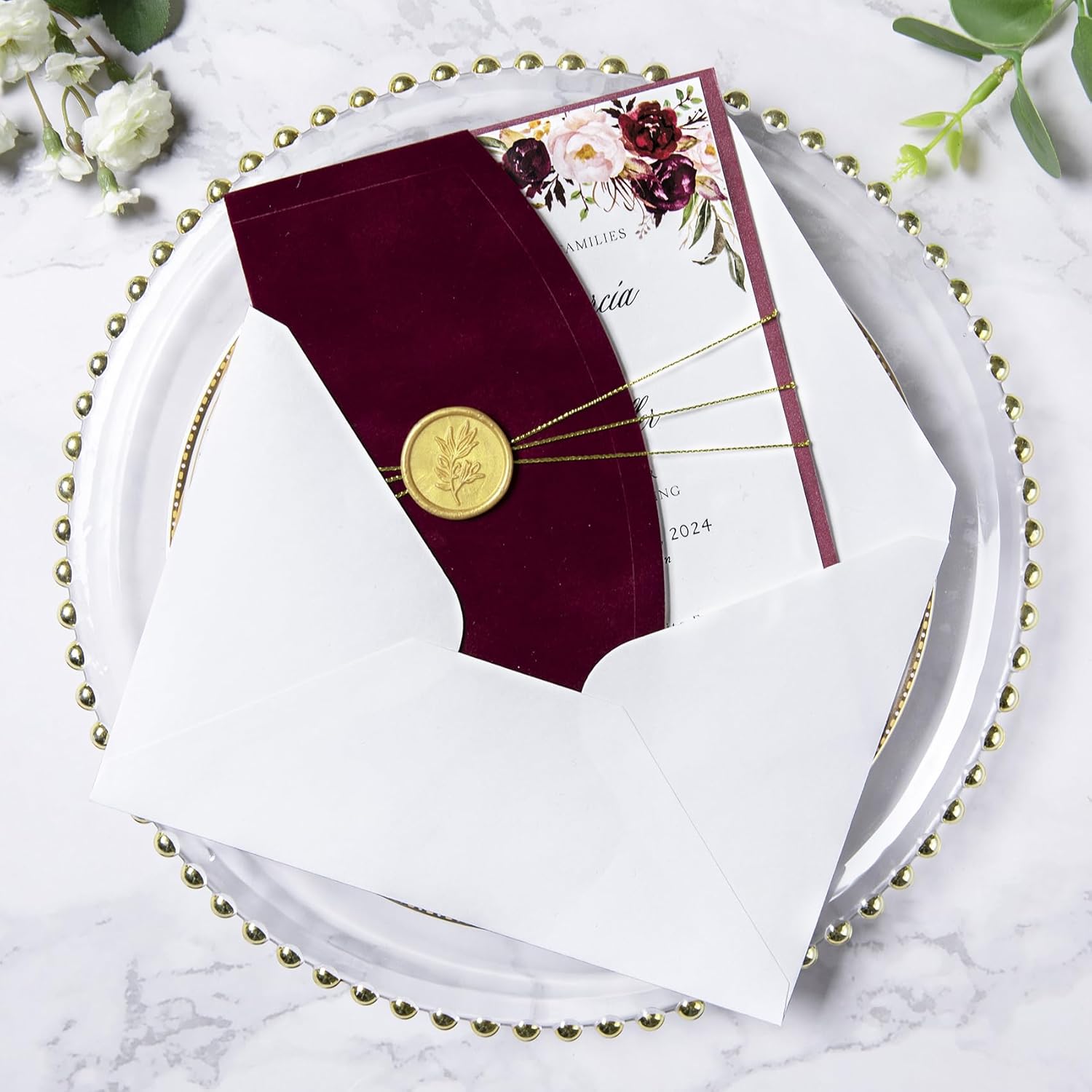 PONATIA 20PCS Wedding Invitation Cards Kits - 5x7 Wrap Pocket Invitation Cards with Envelopes, Gold Wax Seals, Ribbons For Weddings, Baby Shower, Birthday, XV Anos, Quinceanera Invitation (Velvet Burgundy)