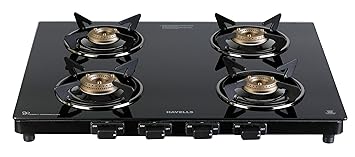 Havells GEOSLIM JUMBO stove |4 Heavy Duty Forged Brass Burner|6 mm Toughened Glass|Premium Valves|Removable Drip Tray|Soft Touch Knobs|5 year Warranty on Burners, Glass & Valves by Havells (Black)