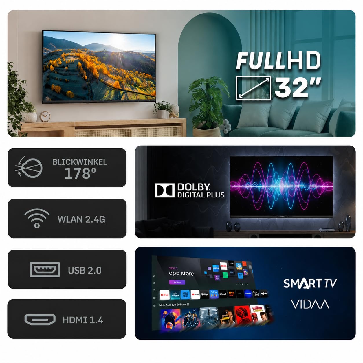Nilait Prisma Smart TV 32" LED Full HD VIDAA, Dolby Digital Plus, WiFi et Ethernet, 3X HDMI, Compatible VESA, Noire