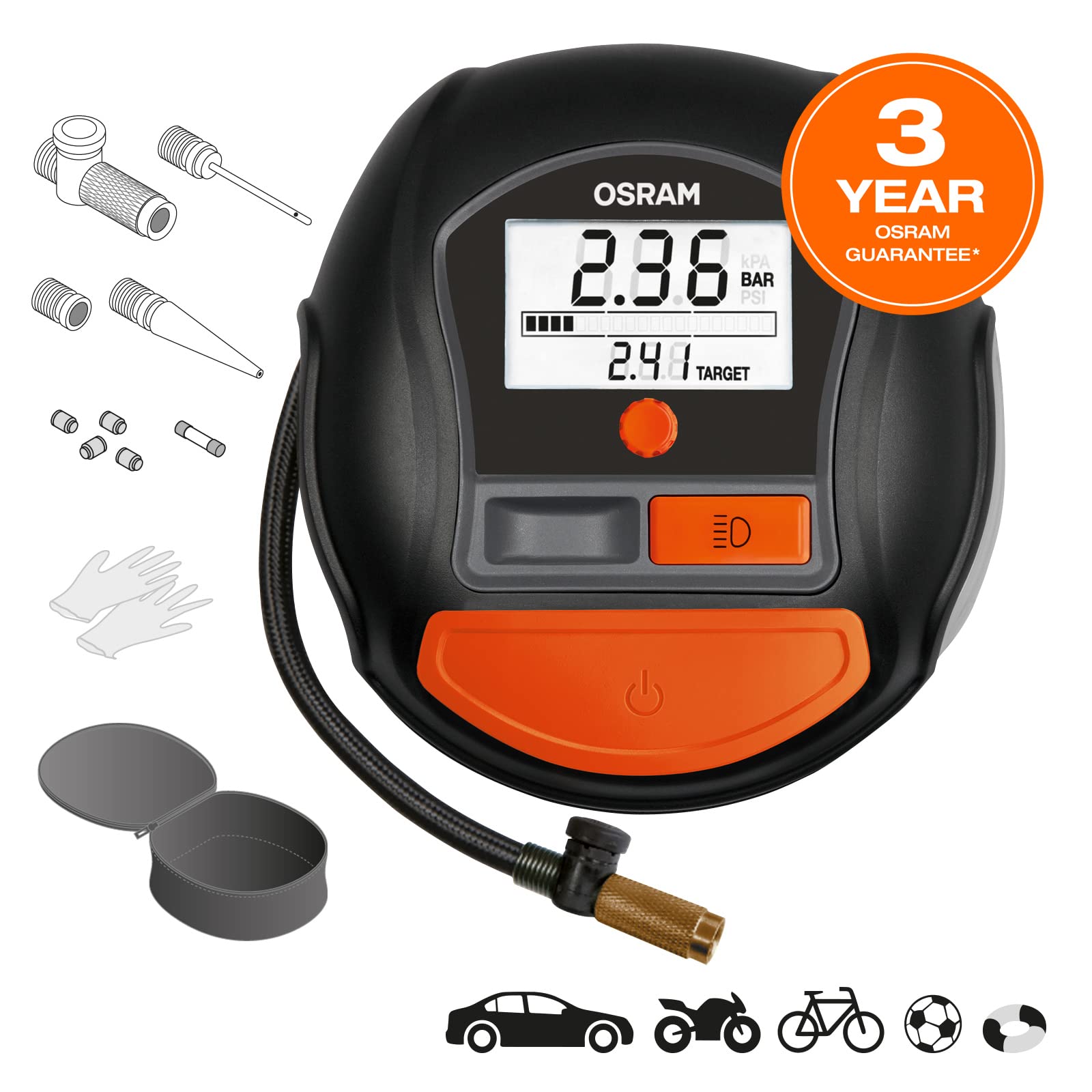 OSRAM TYREinflate RAPID, compressore d'aria digitale a 12 V, compressore portatile, autostop, luce LED, programmabile, pompa elettrica per pneumatici, collegamento 12V, gonfiaggio in 2 min