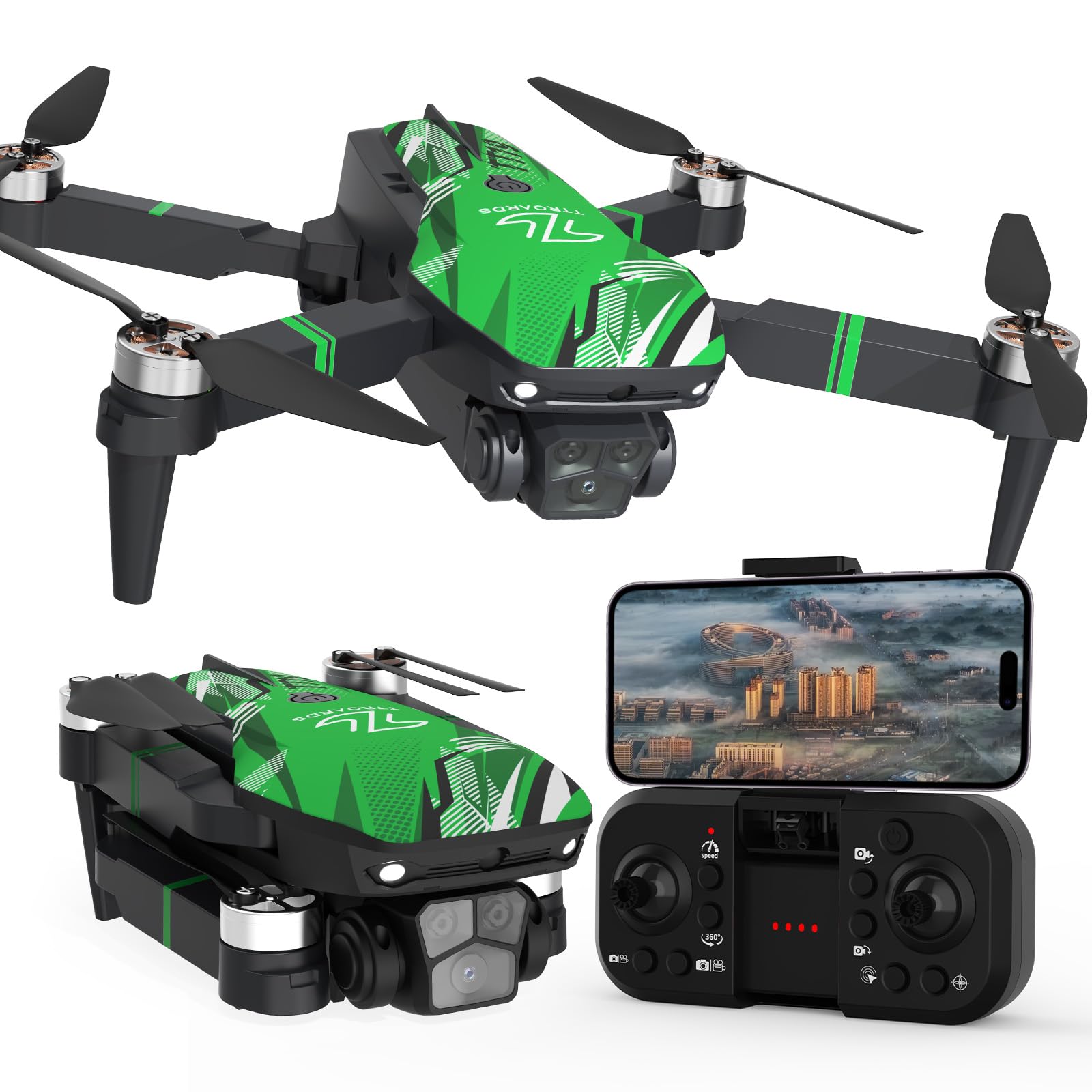 TT19 Drones con Motor sin Escobillas, Dron con Cámara 1080P, Función de Evitación de Obstáculos, Resistencia al Viento de Nivel 3, Cuadricóptero Plegable para Principiantes, Verde