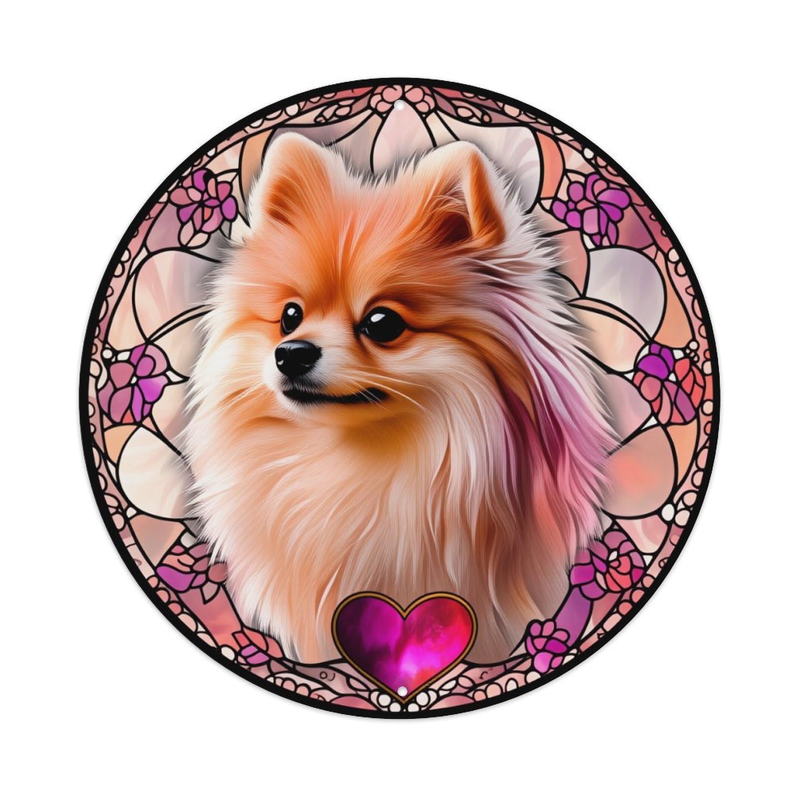 Stained Glass Dog Portrait Heart Round Tin Sign Vintage Metal Sign Home Bar Garden Indoor & Outdoor Wall Decor Retro Metal Poster 8x8 Inch