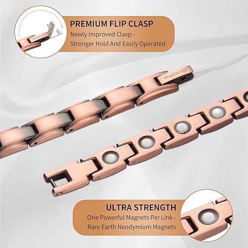 Vista 28 de MagEnergy Pulseras de cobre para mujer, 99.9% de cobre puro, pulsera de eslabones magnéticos, pulsera ajustable, regalos de joyería con herramienta