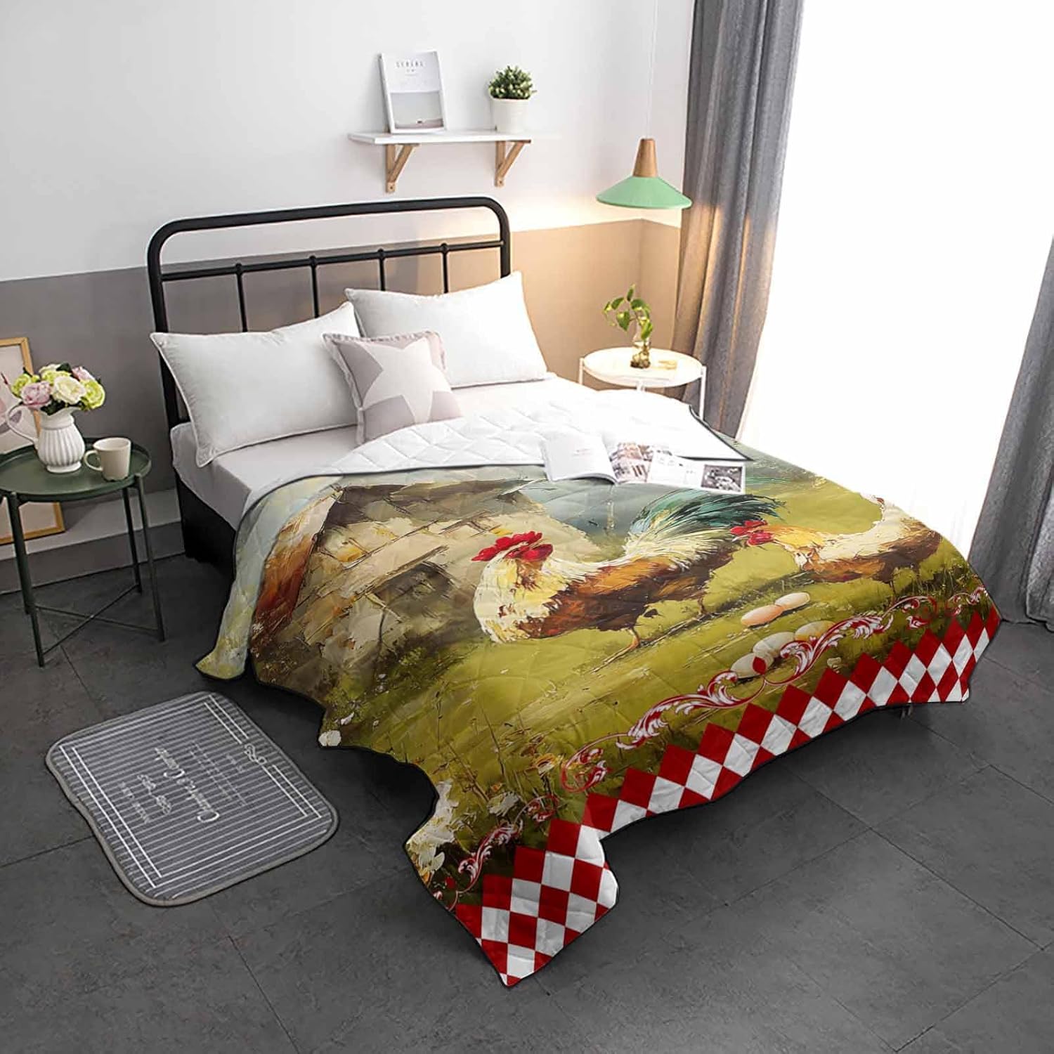 Quilt California King Luxury Quilted Comforter Bedspread-Thin Soft Cozy, Farmhouse Chicken Vintage Rustic Hen Red White Checkered Plaid Reversible Stitched Lightweight Quilt Coverlet for All Season