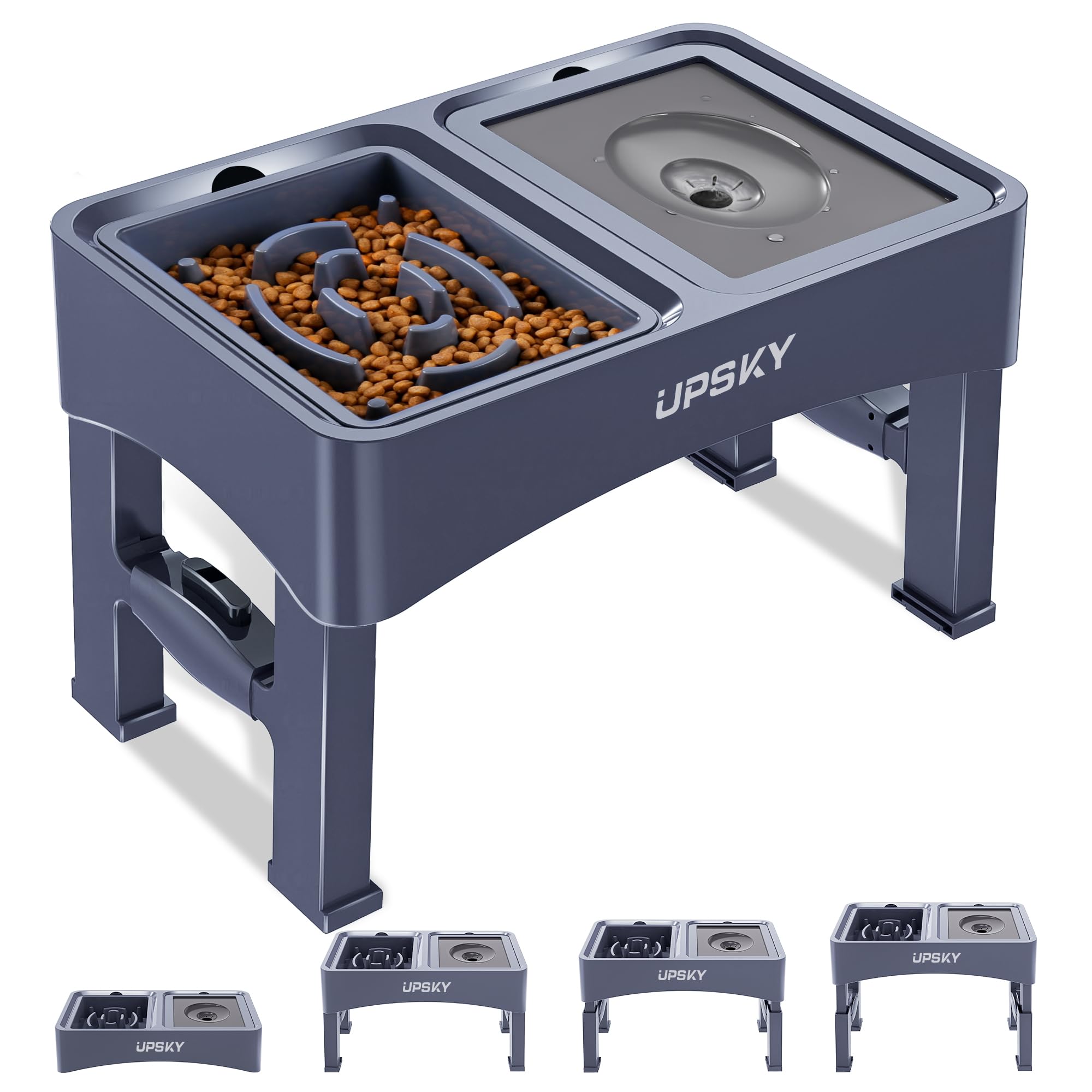 UPSKY 2-in-1 Elevated Dog Bowls Slow Feeder, 4 Height Adjustable Raised Dog Bowl Stand No Spill Dog Water Bowl Dispenser, Dog Food Bowl for Small Medium Large Dogs, Cats, Blue.