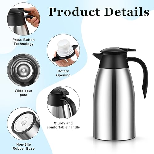 Miniatura 3 de 2 jarras térmicas de café de 51 onzas para mantener el calor aislado al vacío de acero inoxidable al vacío, jarra de café al vacío de doble pared