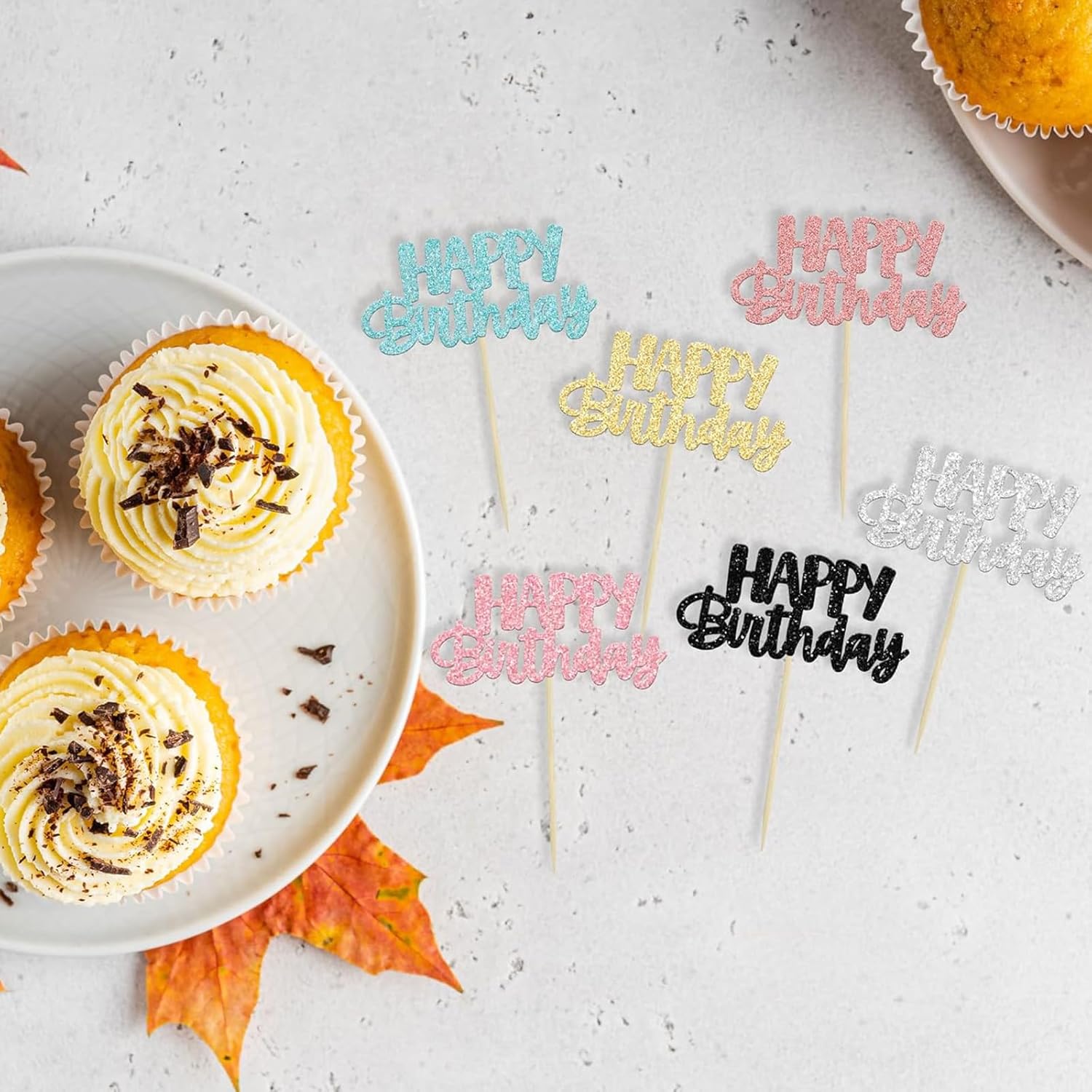 12 Pieces Happy Birthday Cupcake Toppers, 6 Colors Glitter Cake Decorations for Birthday Party, Baby Shower, Anniversary - Pre-Assembled