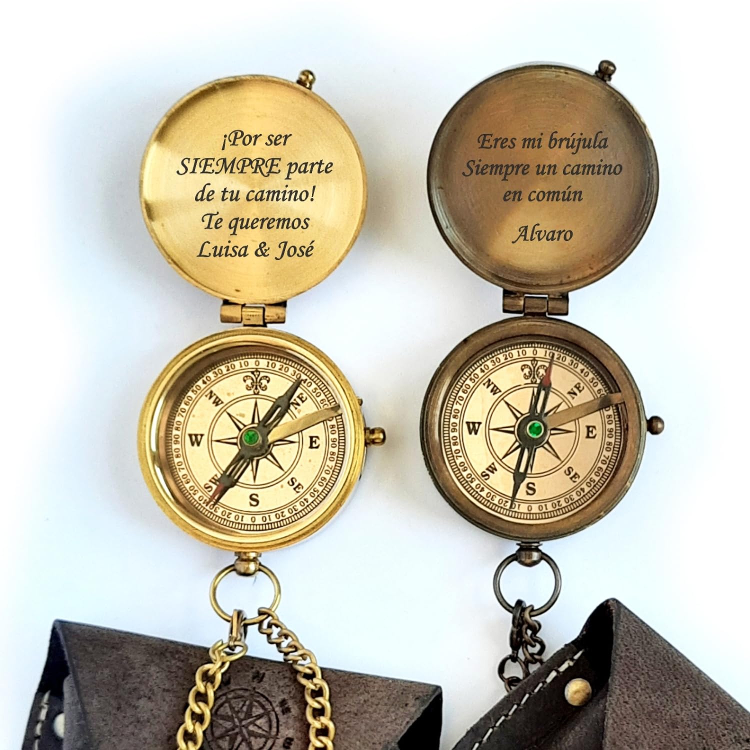 Brújula con tu Texto Personalizado, Funda de Piel o Caja Regalo de Madera Disponible, Vintage