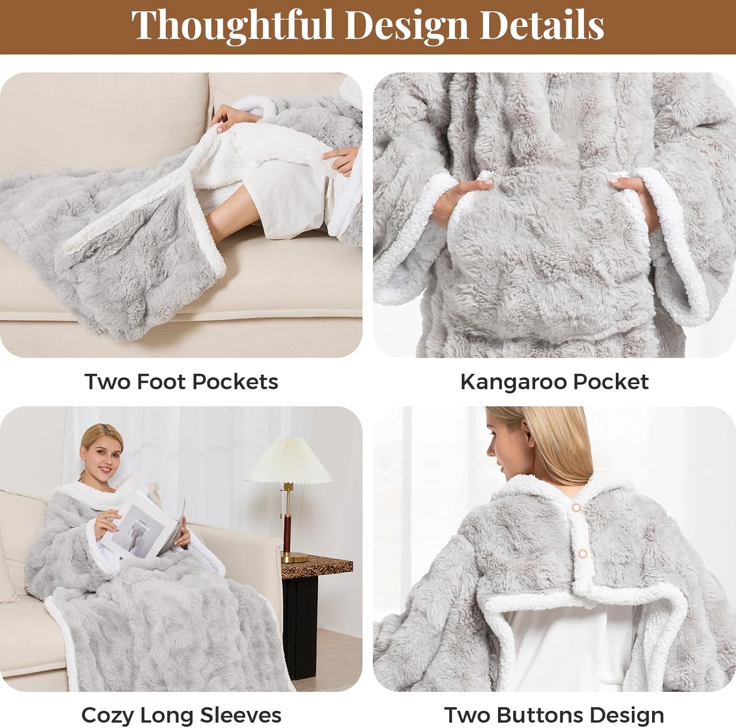 Wearable Heated Blanket, Luxury Faux Fur & Sherpa Electric Throw Blanket with Sleeves, Foot Pockets, Heated Robe for Women Men Gift, 3 Heat Levels & 12H Timer, ETL & FCC Certified, 52"x 72" Light Grey - Image 4