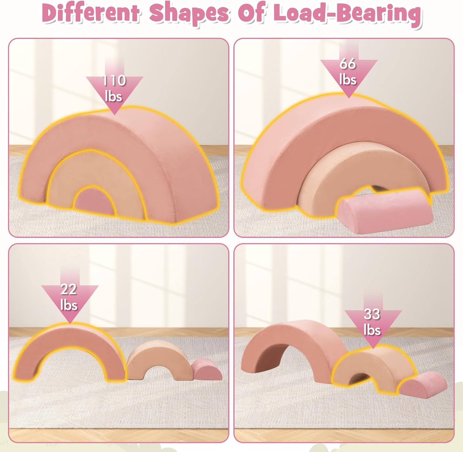 INFANS Climbing Toys for Toddlers, 3pc Foam Climbing Blocks Rainbow Shaped Indoor Play Set, Soft Equipment Modulars Rainbow Crawling Tunnel Playroom Couch for Children Playroom Baby (Pink)