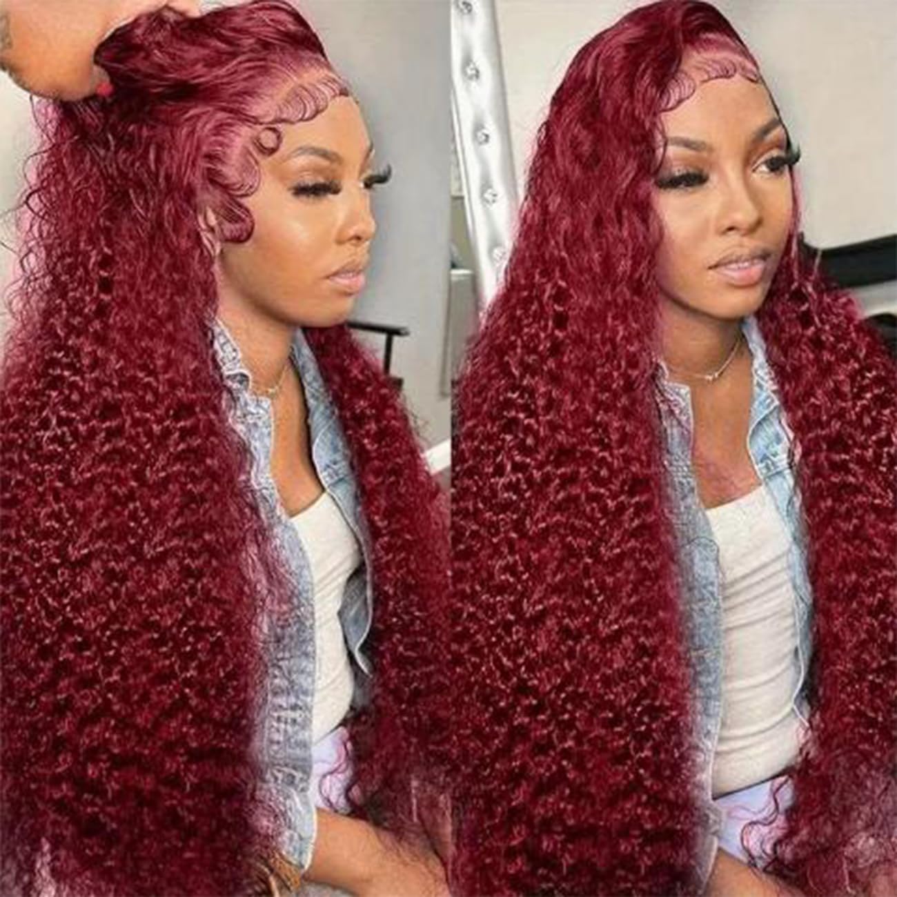 30 Inch 99J Burgundy Deep Wave Lace Front Wigs Human Hair 250% Density 13x6 HD Lace Frontal Pre Plucked Real Human Hair No Synthetic Blend No Tangle No Shedding Triple Lifespan 3X