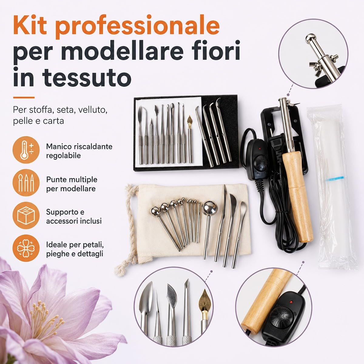 Creatore Elettrico per Fiori in Tessuto con 25 Punte e Accessori, Temperatura Regolabile, Strumento per Modellare Petali e Stirare Fiori Artificiali Fai da Te